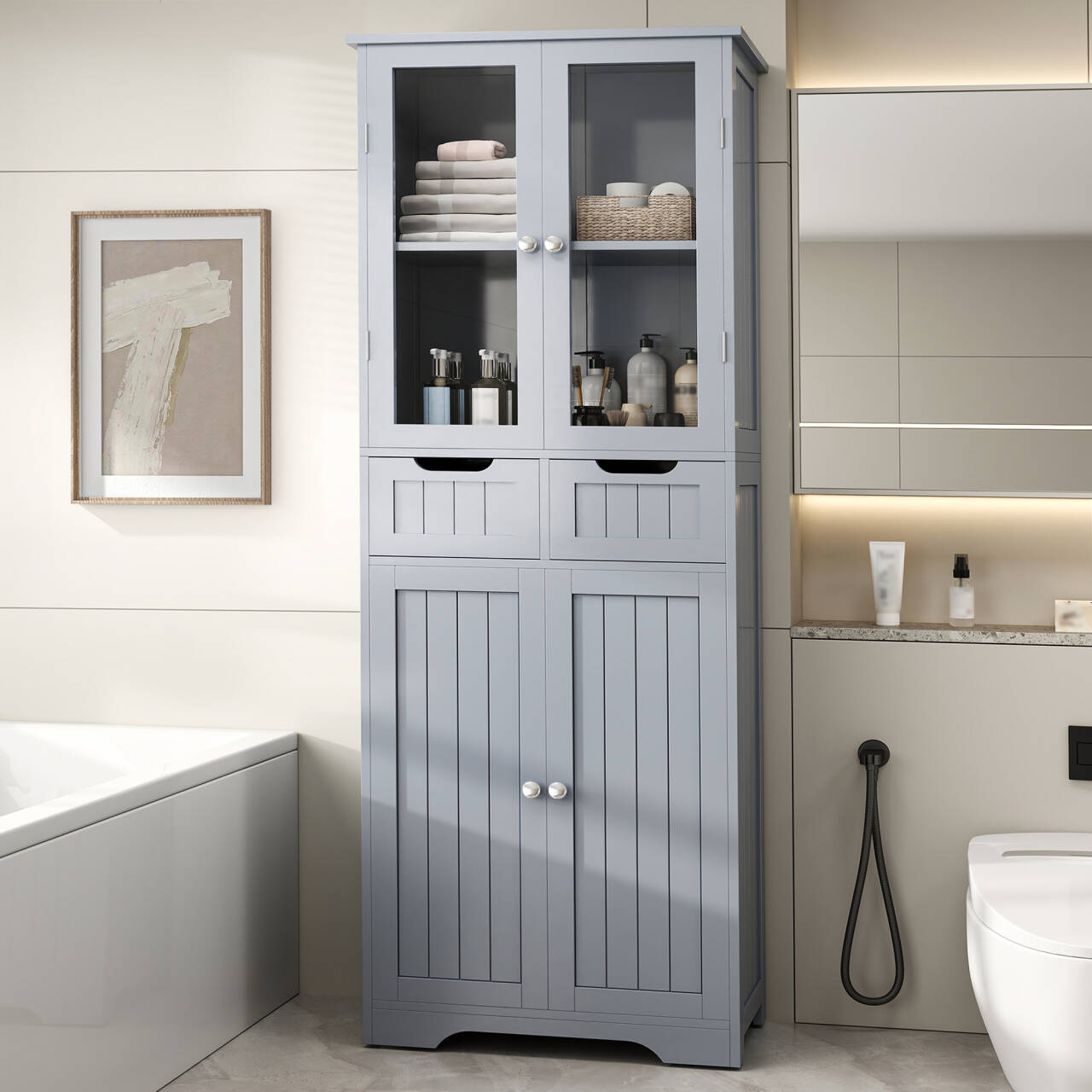 67" Tall Bathroom Storage Cabinet, Freestanding Cabinet with Glass Doors and Shelves, Large Bathroom Pantry with 2 Drawers for Living Room, Kitchen, Dining Room, Office, Gray