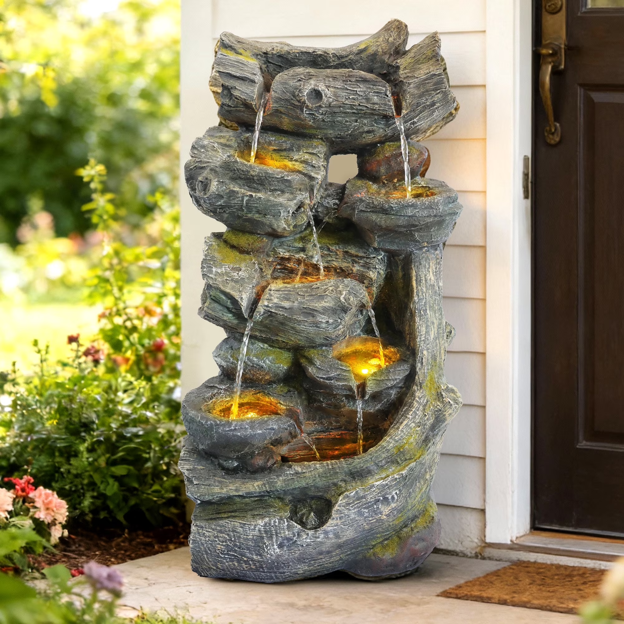 7-Tier Cascading Rock Water Fountain, Outdoor Water Fountain with LED Light, Adjustable Flow & Electric Pump, Outdoor Garden Waterfall for Patio, Yard, Balcony or Home Decor (Gray)
