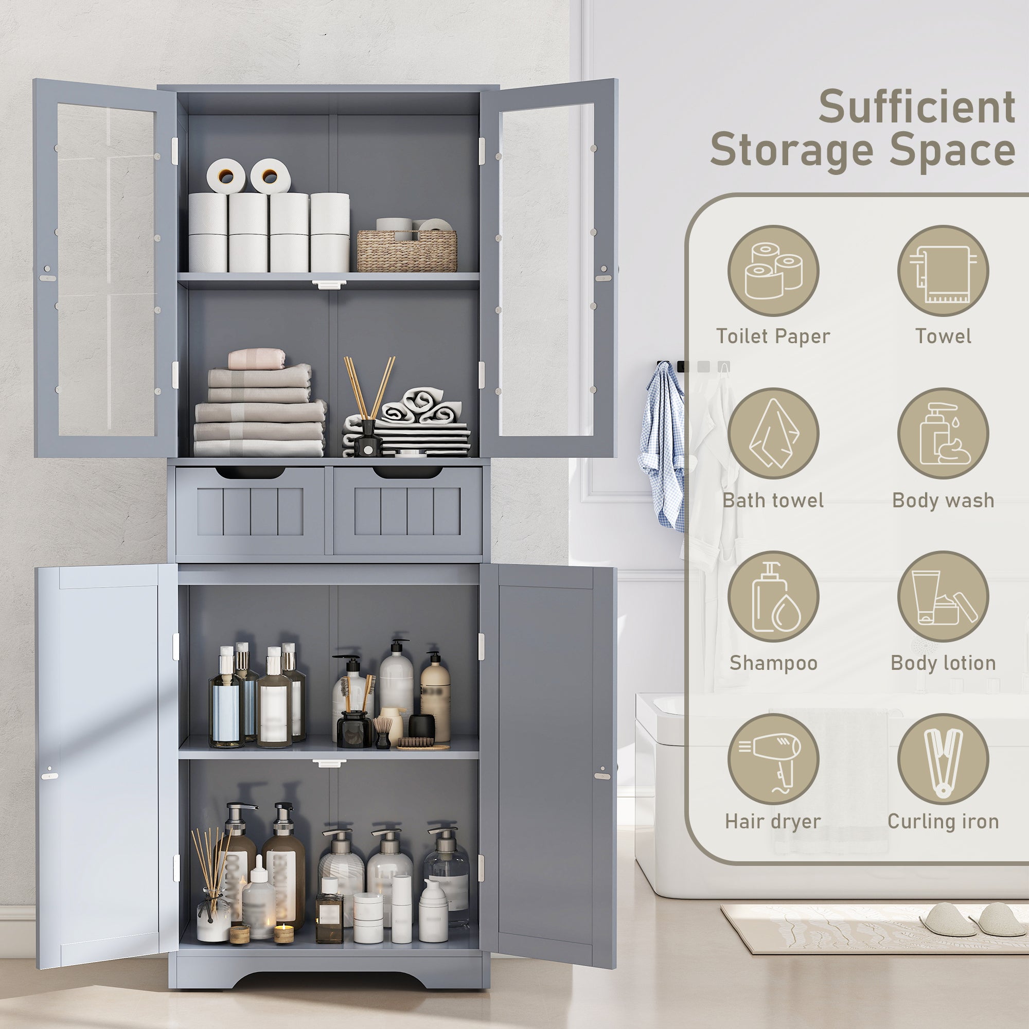 67" Tall Bathroom Storage Cabinet, Freestanding Cabinet with Glass Doors and Shelves, Large Bathroom Pantry with 2 Drawers for Living Room, Kitchen, Dining Room, Office, Gray