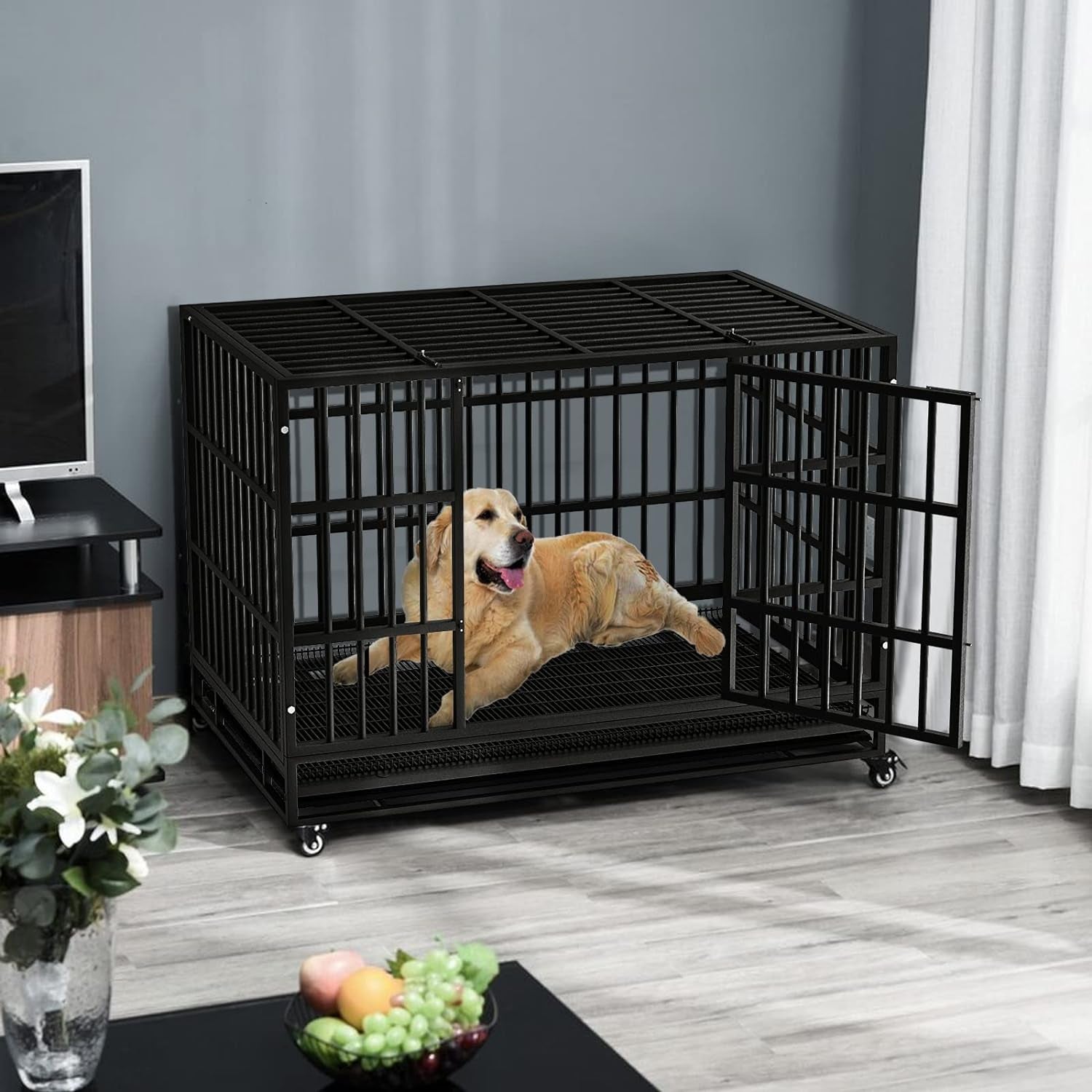 48/38 Inch Heavy Duty Indestructible Dog Crate, Escape Proof Dog Cage Kennel with Lockable Wheels,High Anxiety Double Door,Extra Large Crate Indoor for Large Dog with Removable Tray