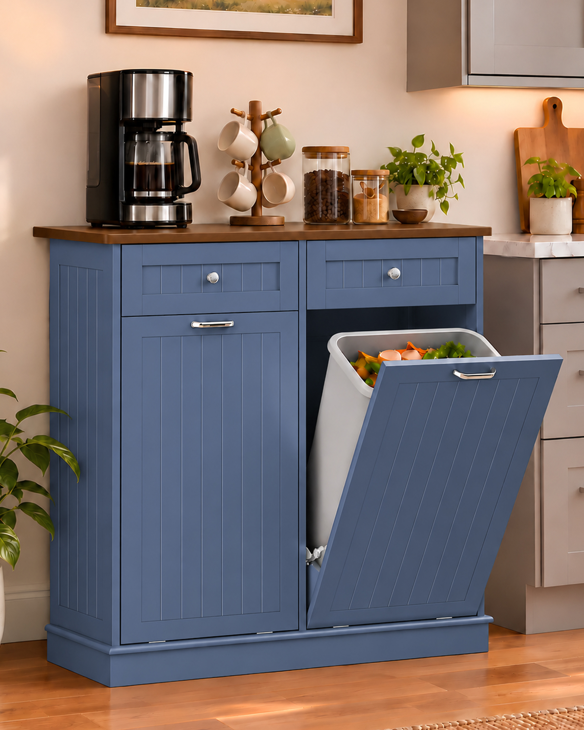 Betterhood 2 x 13 Gallon Tilt Out Trash Cabinet with 2 Big Storage Drawer, Solid Wooden Trash Garbage Can Cabinet, Mid-Century Modern Recycling Cabinet & Laundry Sorter for Kitchen Dining Room, Blue