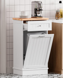 Betterhood 10 Gallon Tilt Out Trash Cabinet with Big Storage Drawer, Wooden Trash Garbage Can Cabinet, Mid-Century Modern Recycling Cabinet & Laundry Sorter for Kitchen Dining Room, White