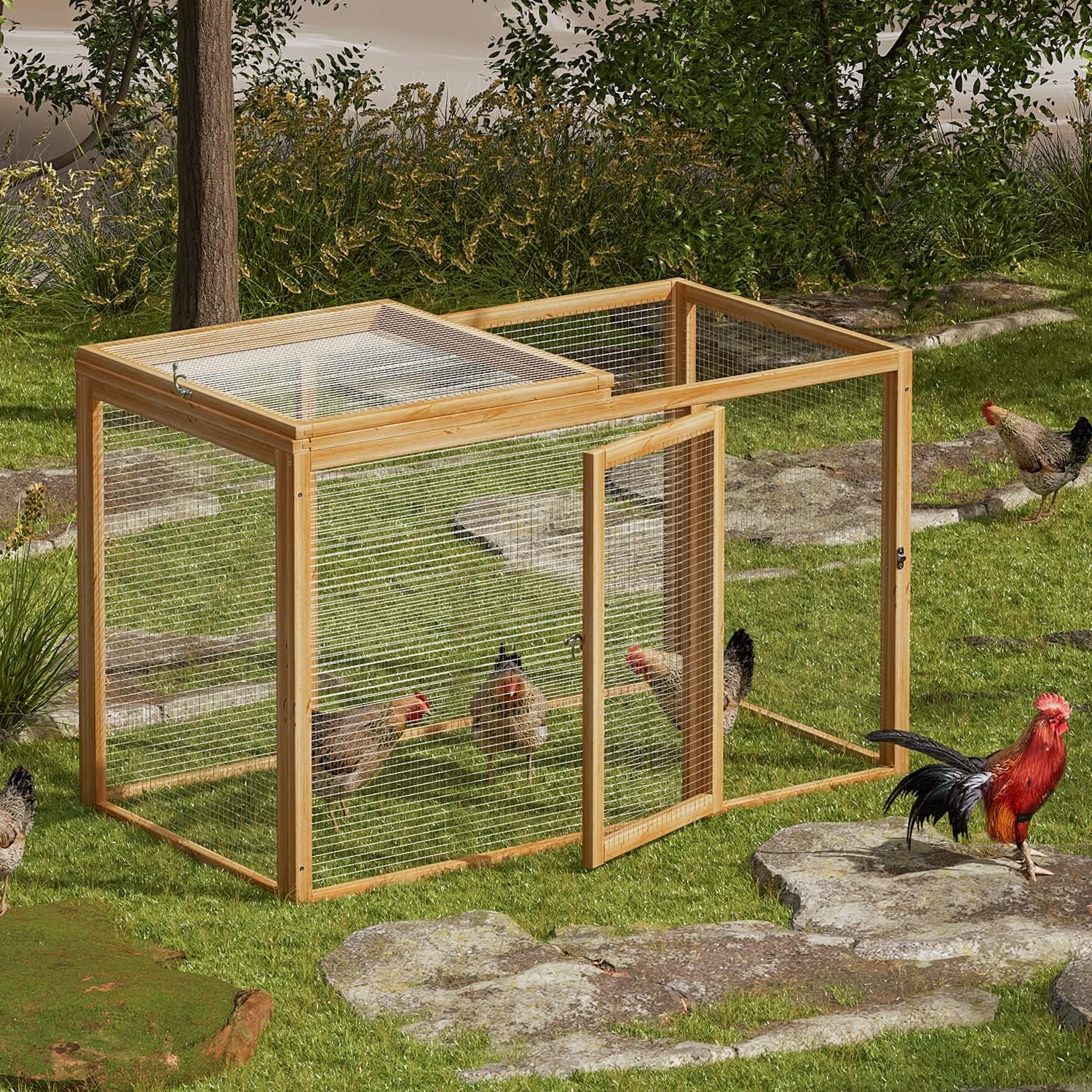 Chicken Run for Yard Wood Chicken Cage Rabbit Hutch Bunny Pen with Openable Roof and Side Door, Outdoor Lockable Duck Coop Small Animal Habitat Enclosure Hen Coop Add-Ons, 45 X 24 X 28 Inch