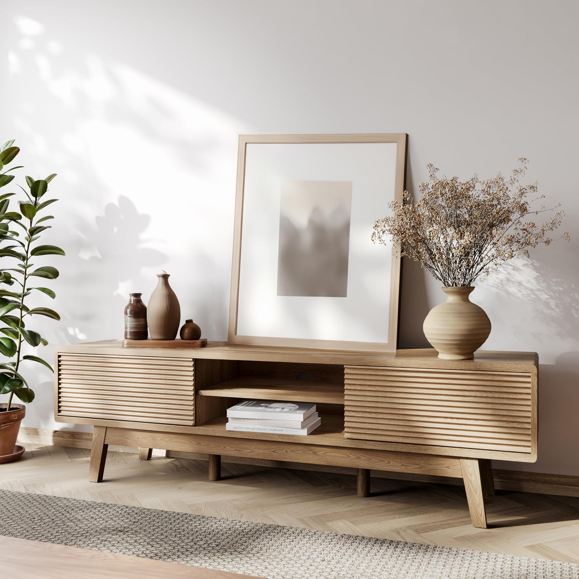 TOLEAD 59" TV Console, Mid Century Modern Media Console for 55/60/65 Inch TV, Low Profile TV Stand with Fluted Sliding Doors, Boho Light Wood Credenza for Living Room, Oak