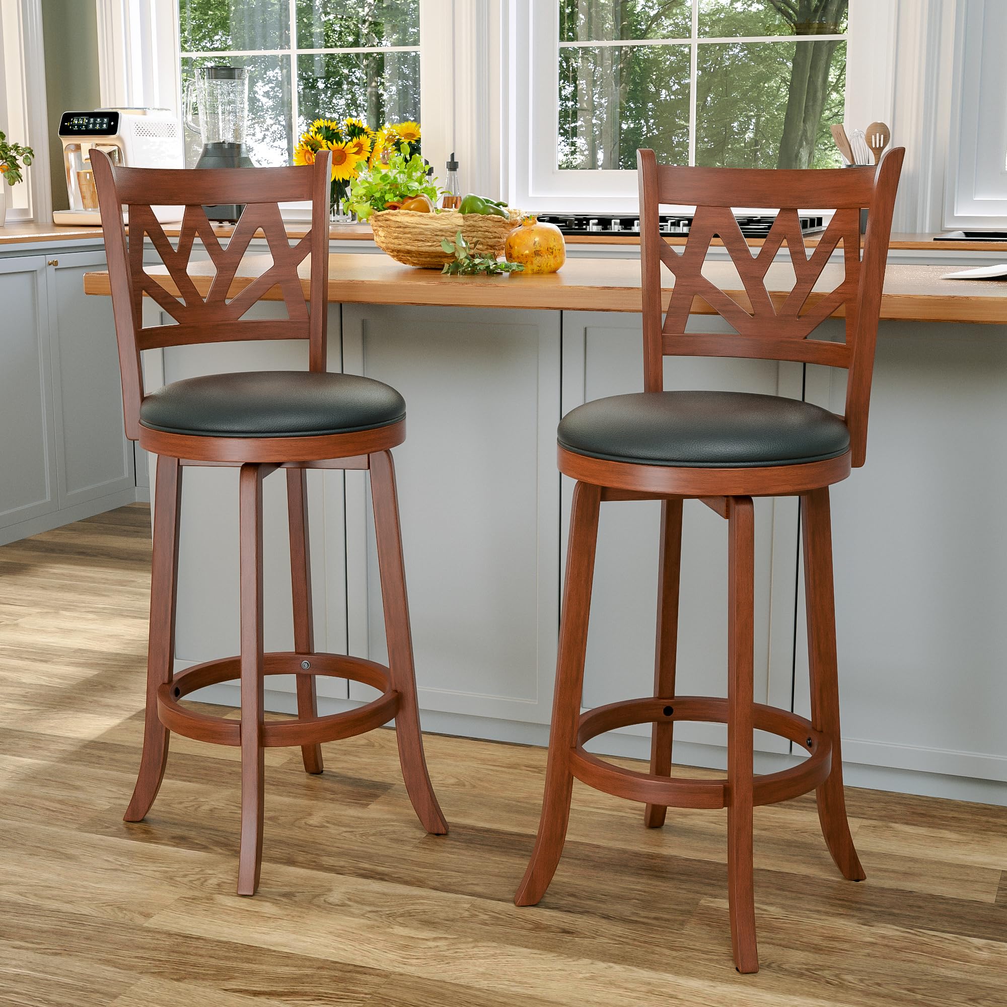 Betterhood Swivel Bar Stools - 29" Bar Height Swivel Barstools with Upholstered Seat & Solid Wood Footrest, Counter Bar Chairs for Kitchen Island & Pub (Brown, Set of 2)
