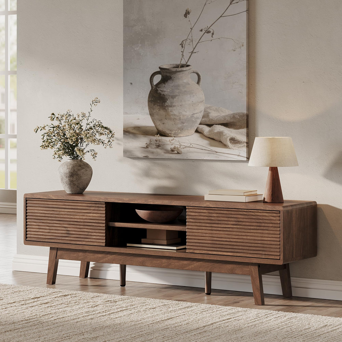 Xilingol 59“ TV Stand for TVs 65”, Mid Century Modern TV Console, Walnut