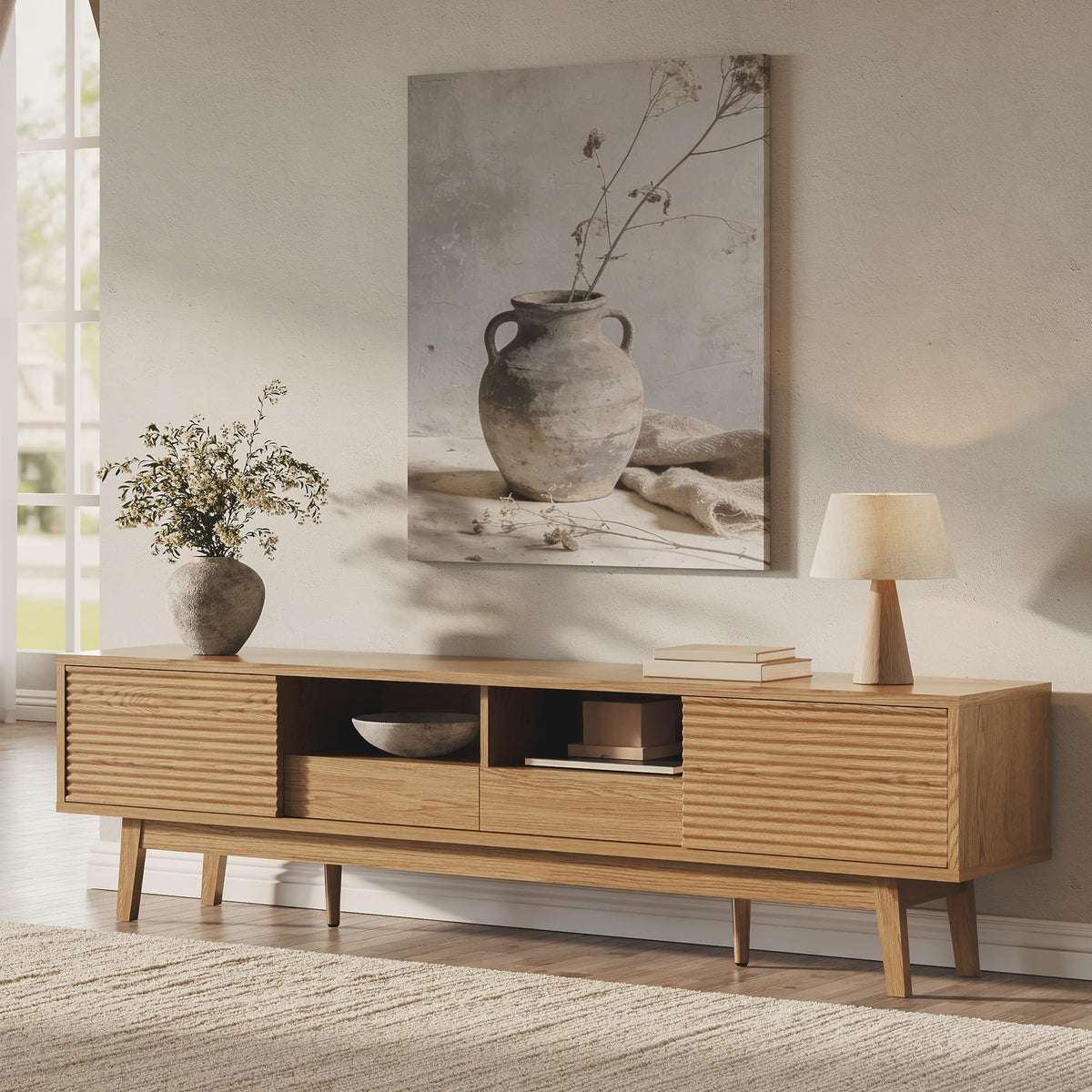 Xilingol 70" TV Stand for TVs 80", Mid Century Modern TV Console, Oak