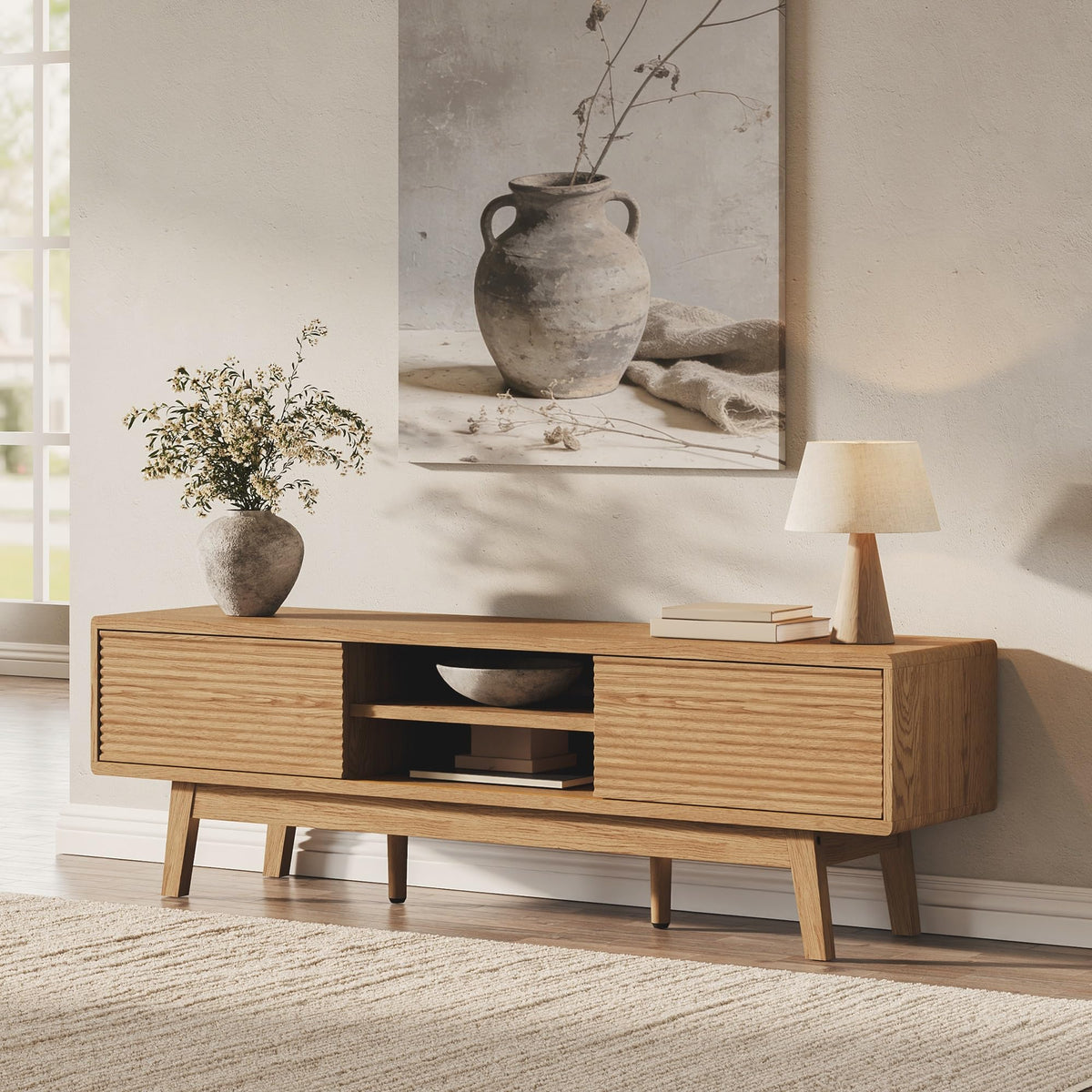 Xilingol 59“ TV Stand for TVs 65”, Mid Century Modern TV Console, Oak