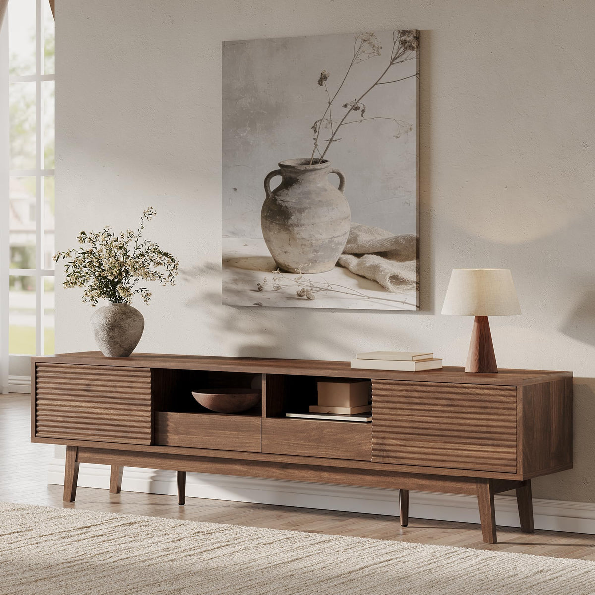 Xilingol 70" TV Stand for TVs 80", Mid Century Modern TV Console, Walnut