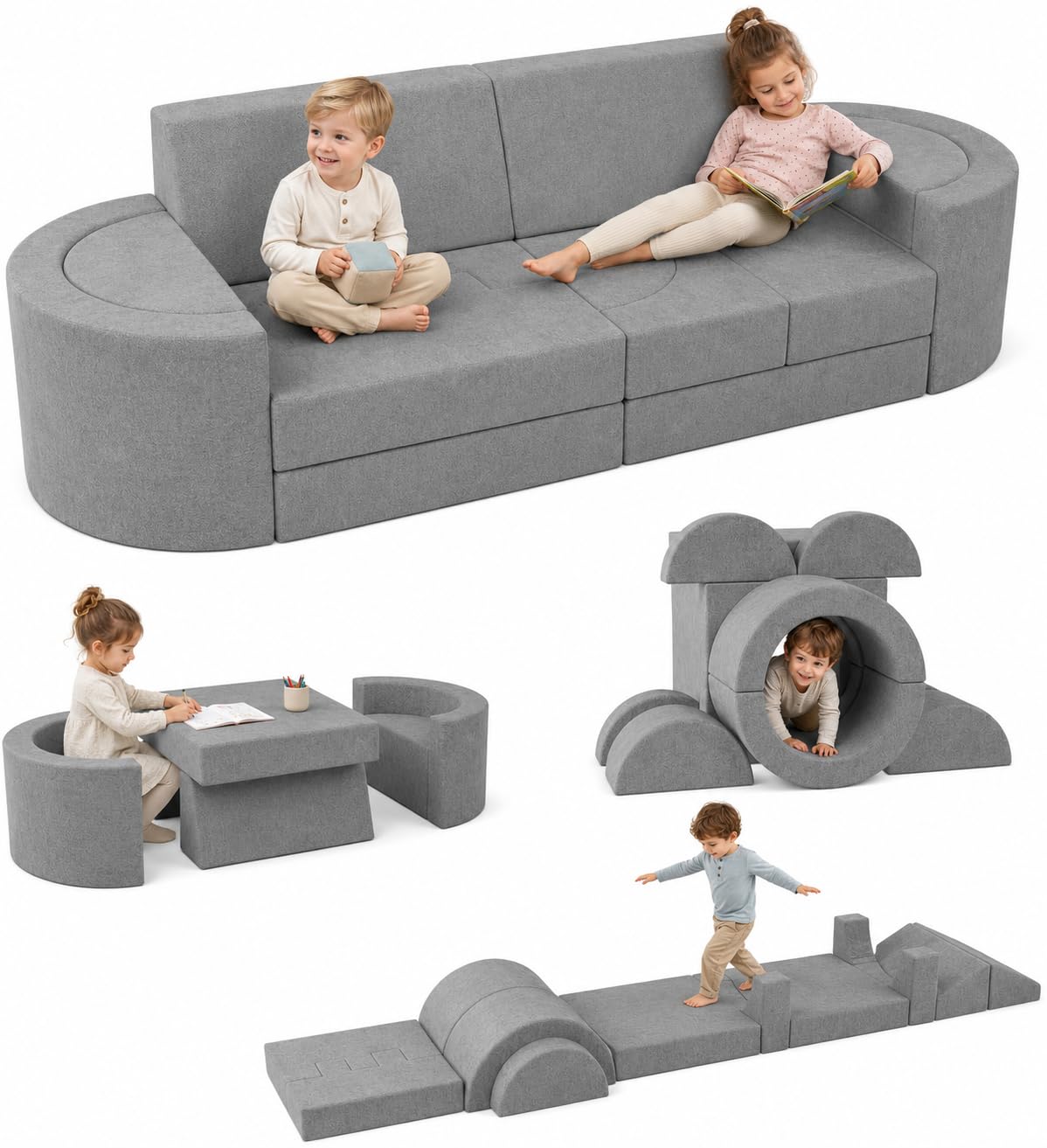 Betterhood 16 Pcs Modular Kids Play Couch, 68" Convertible Foam Sofa, Grey