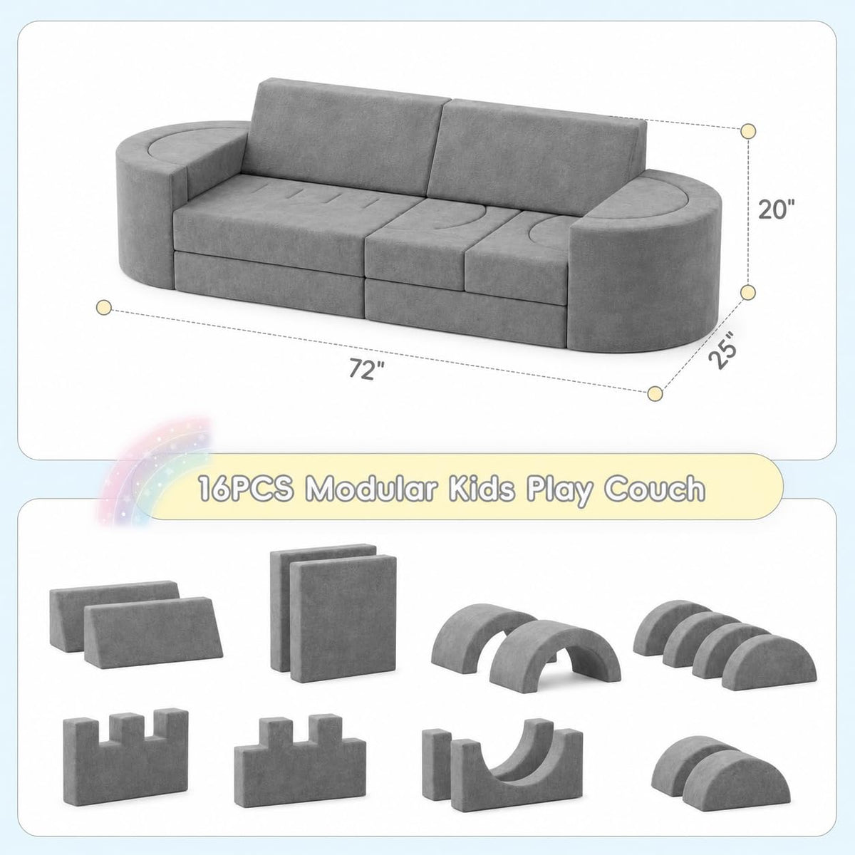 Betterhood 16 Pcs Modular Kids Play Couch, 68" Convertible Foam Sofa, Grey