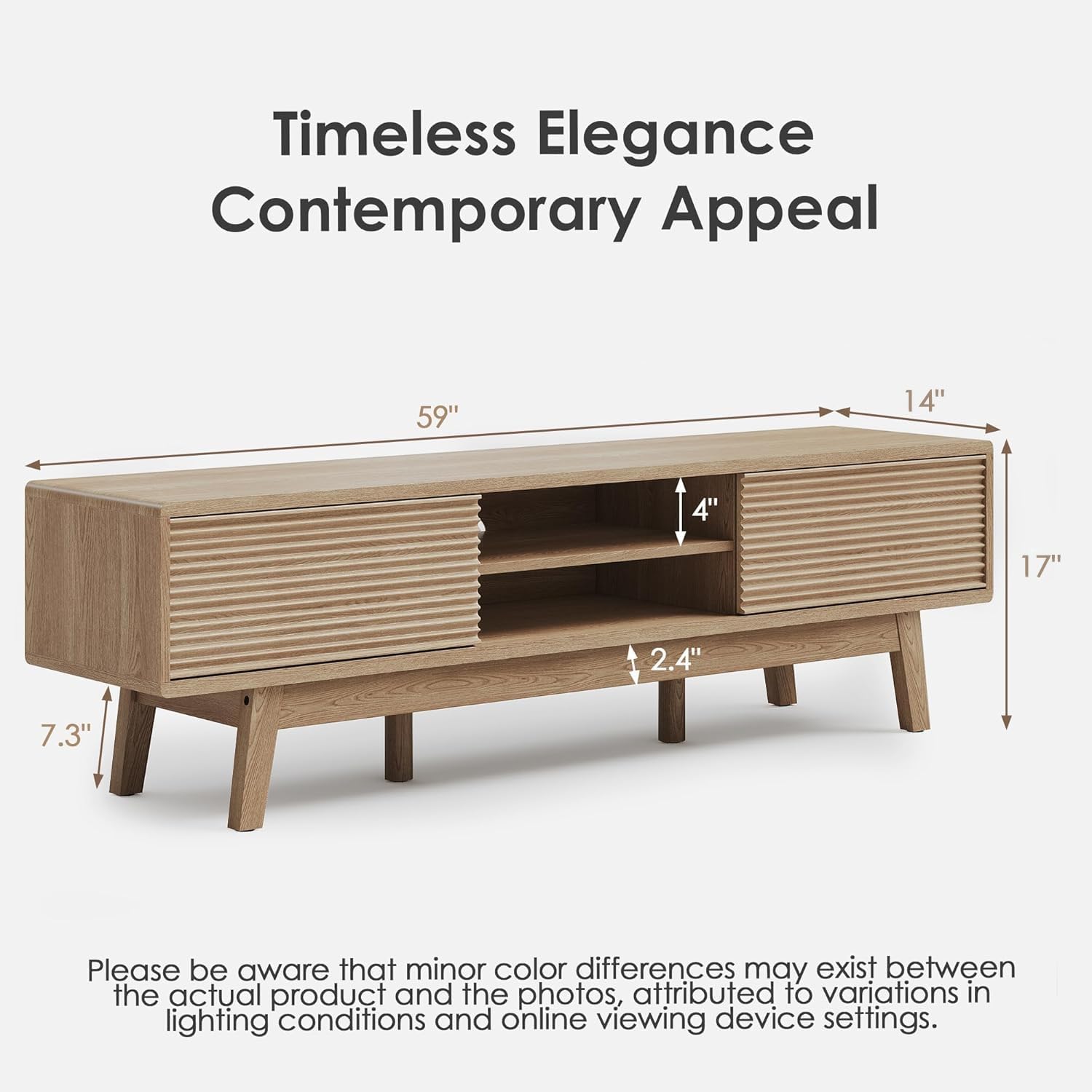 TOLEAD 59" TV Console, Mid Century Modern Media Console for 55/60/65 Inch TV, Low Profile TV Stand with Fluted Sliding Doors, Boho Light Wood Credenza for Living Room, Oak