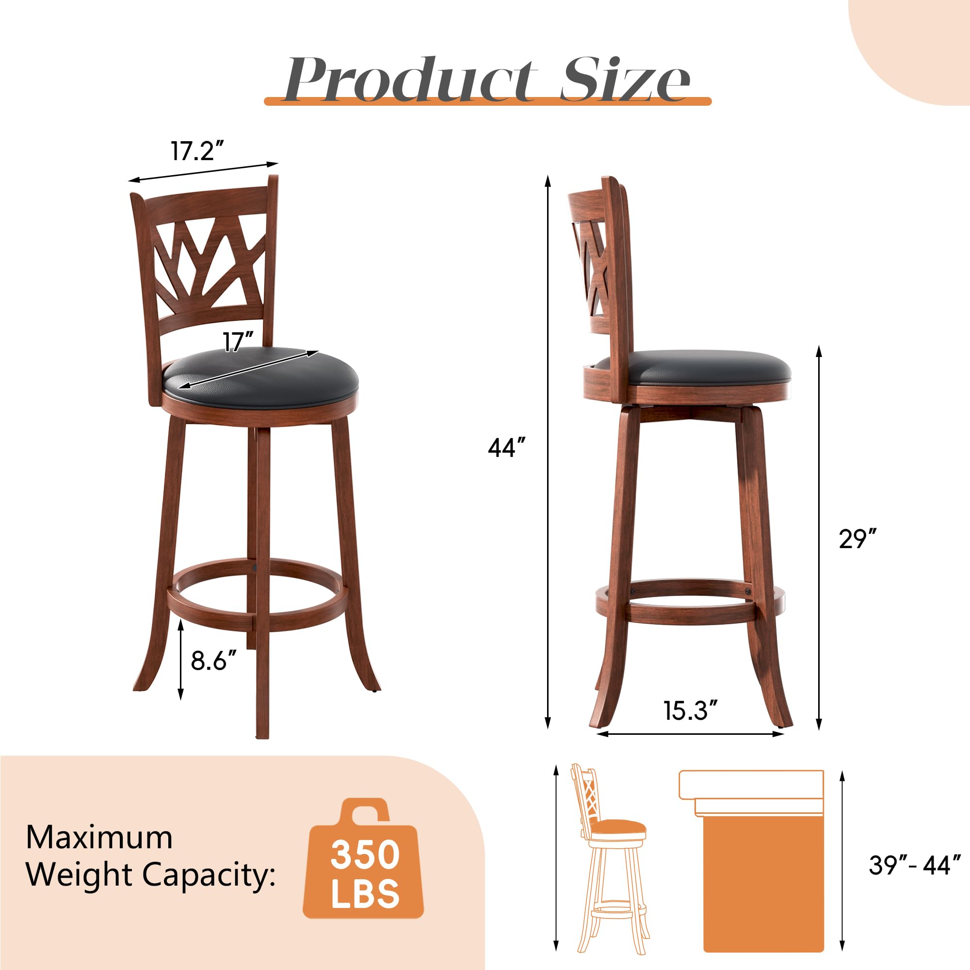 Betterhood Swivel Bar Stools - 29" Bar Height Swivel Barstools with Upholstered Seat & Solid Wood Footrest, Counter Bar Chairs for Kitchen Island & Pub (Brown, Set of 2)