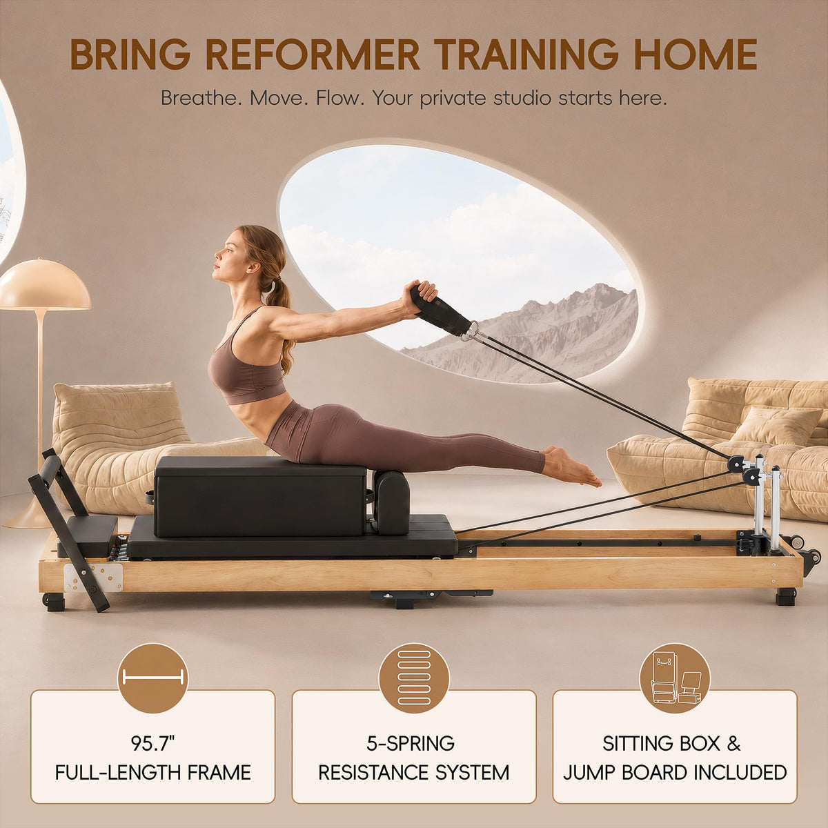 MU Foldable Pilates Reformer Machine for Home, Full-Size Wooden Frame, 5-Spring Resistance, Jumpboard and Box, 500 lb Capacity