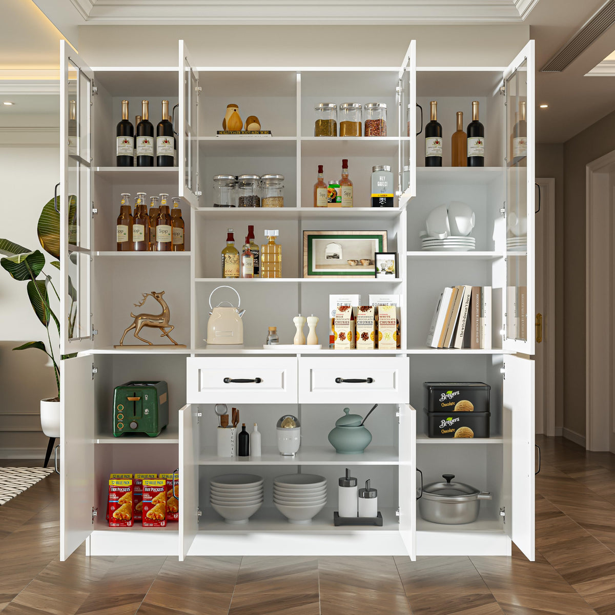 MU Kitchen Storage Cabinet with Glass Doors, Large China Hutch with 2 Drawers & 5 Adjustable Shelves, Kitchen Pantry Hutch for Home Office, Living Room, White (15.8" D x 63" W x 70.9H)
