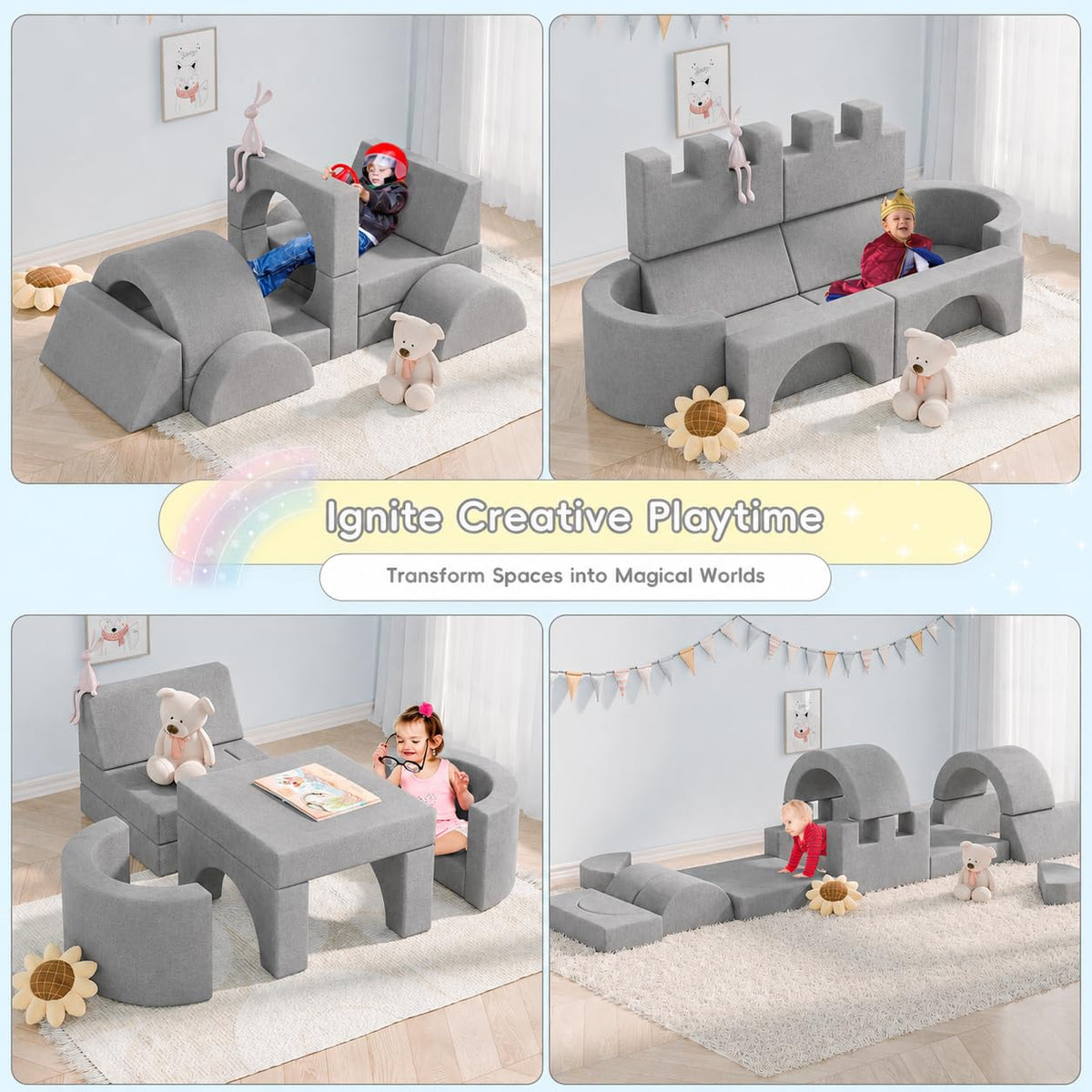 Betterhood 16 Pcs Modular Kids Play Couch, 68" Convertible Foam Sofa, Grey