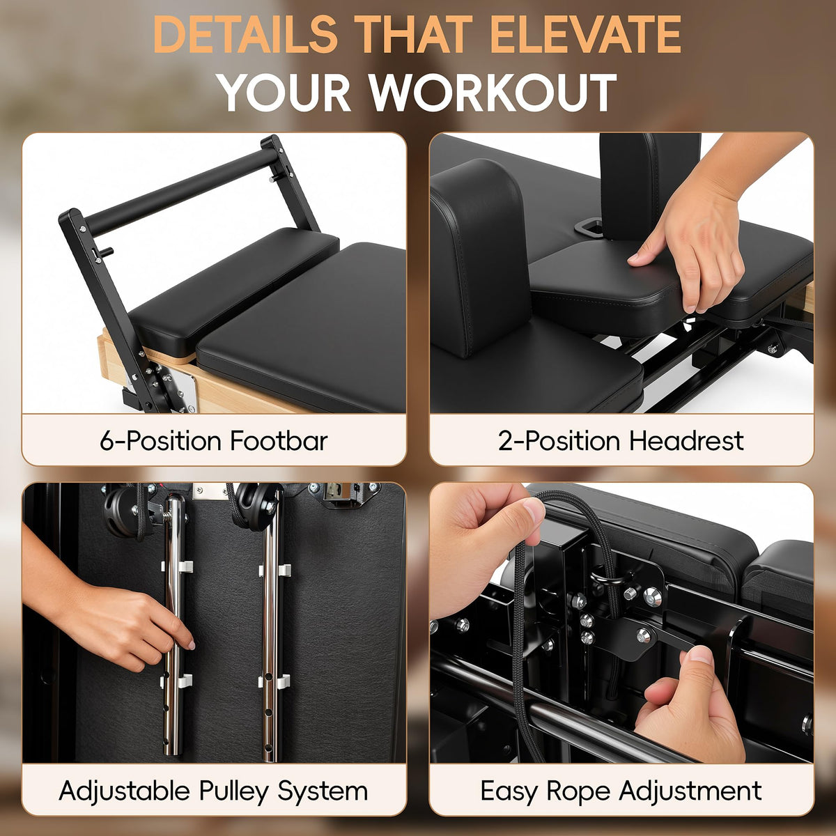 MU Foldable Pilates Reformer Machine for Home, Full-Size Wooden Frame, 5-Spring Resistance, Jumpboard and Box, 500 lb Capacity
