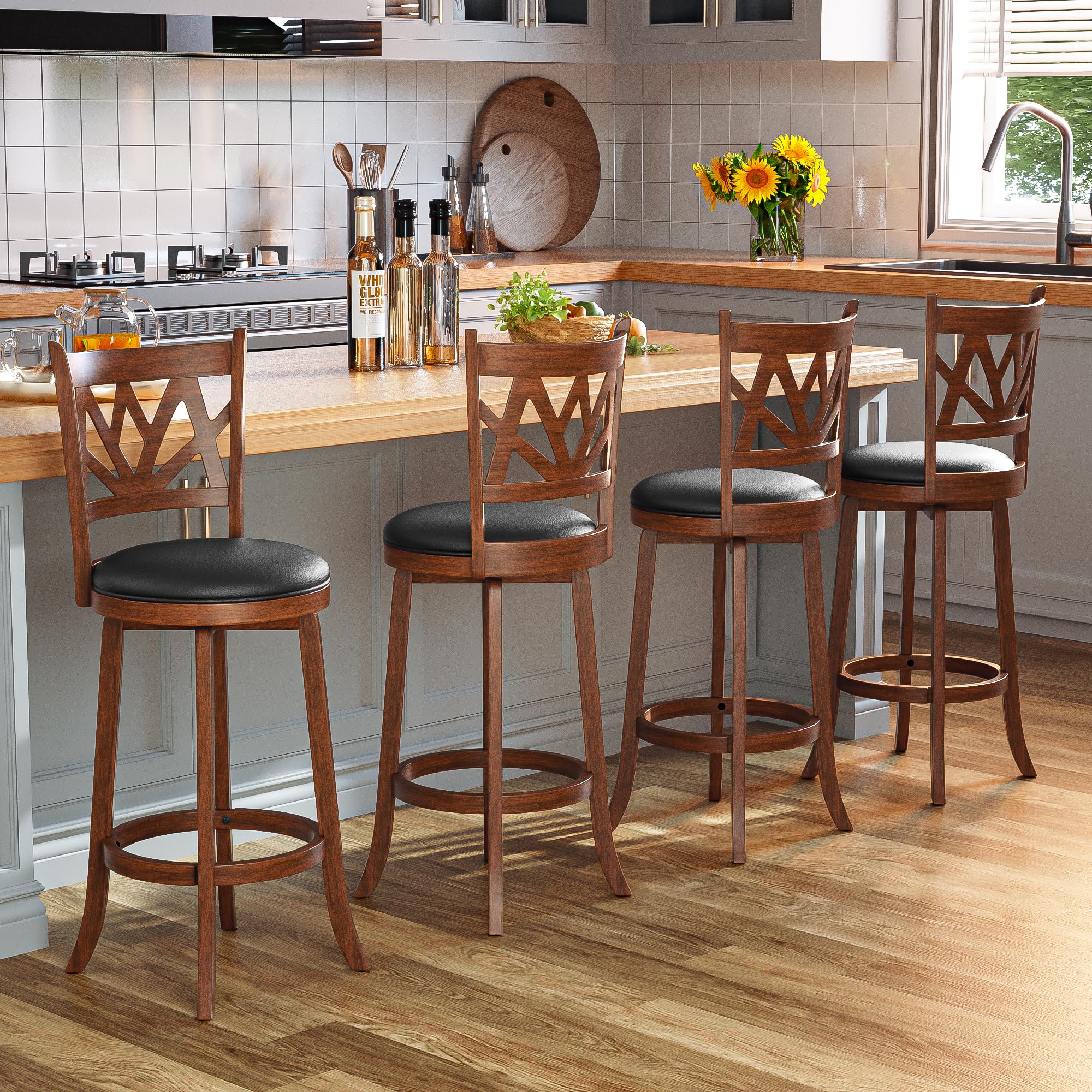 Betterhood Swivel Bar Stools - 29" Bar Height Swivel Barstools with Upholstered Seat & Solid Wood Footrest, Counter Bar Chairs for Kitchen Island & Pub (Brown, Set of 2)