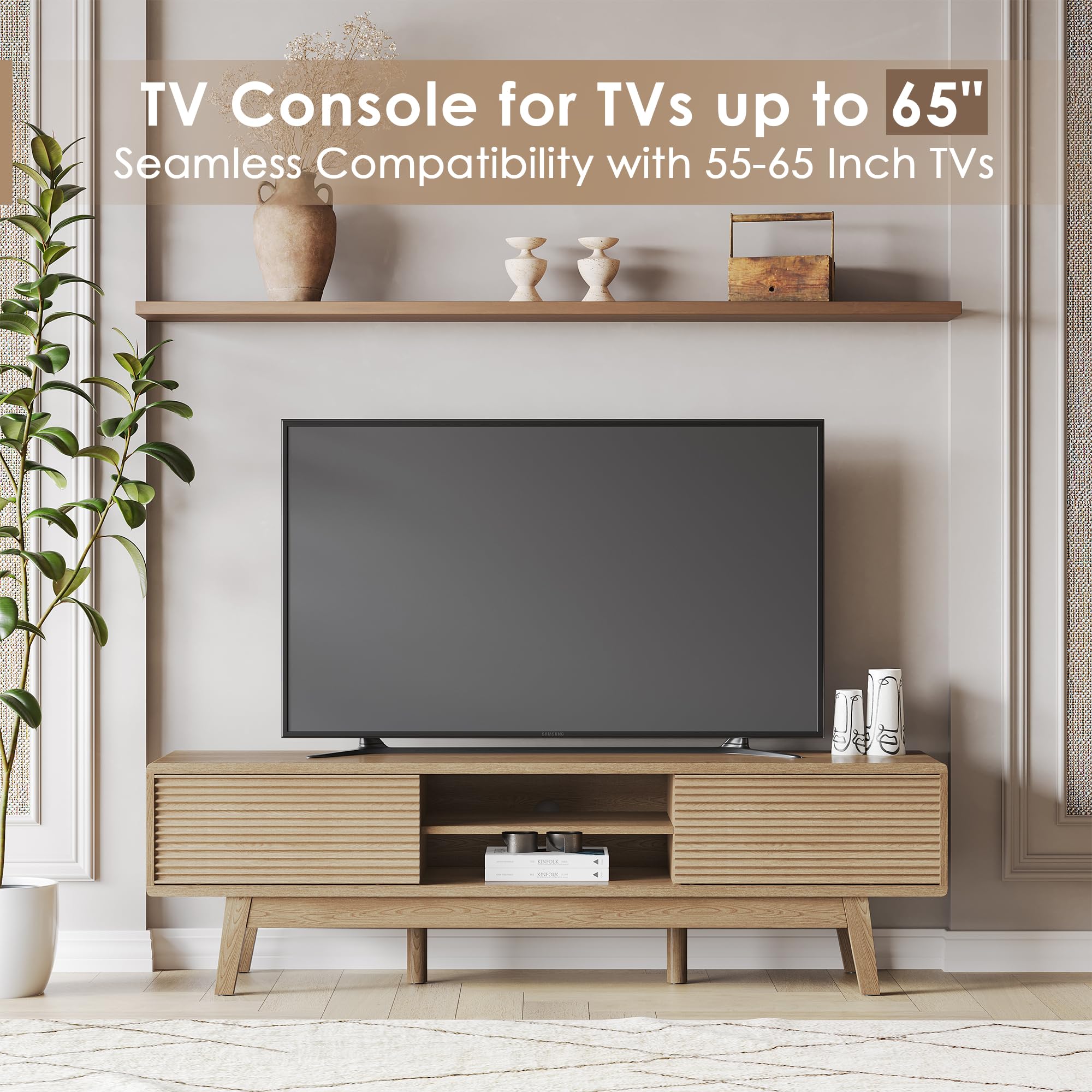 TOLEAD 59" TV Console, Mid Century Modern Media Console for 55/60/65 Inch TV, Low Profile TV Stand with Fluted Sliding Doors, Boho Light Wood Credenza for Living Room, Oak