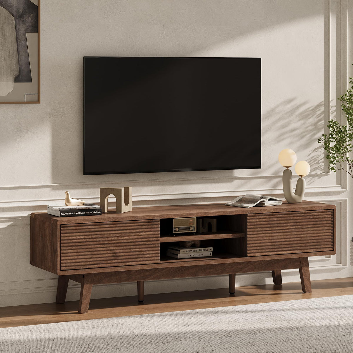 Xilingol 59“ TV Stand for TVs 65”, Mid Century Modern TV Console, Walnut