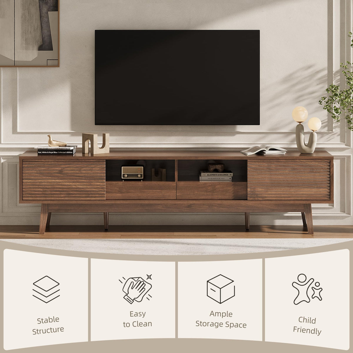 Xilingol 70" TV Stand for TVs 80", Mid Century Modern TV Console, Walnut