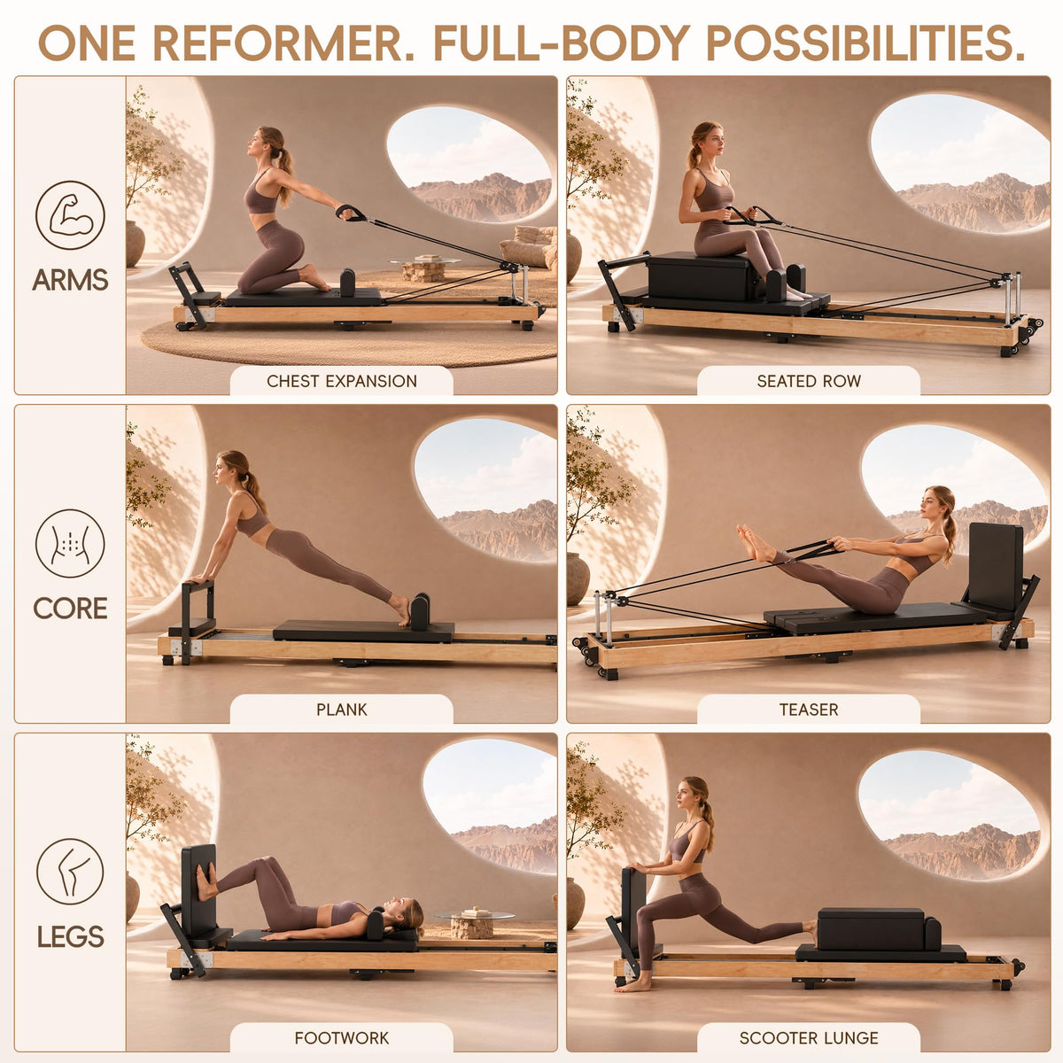 MU Foldable Pilates Reformer Machine for Home, Full-Size Wooden Frame, 5-Spring Resistance, Jumpboard and Box, 500 lb Capacity