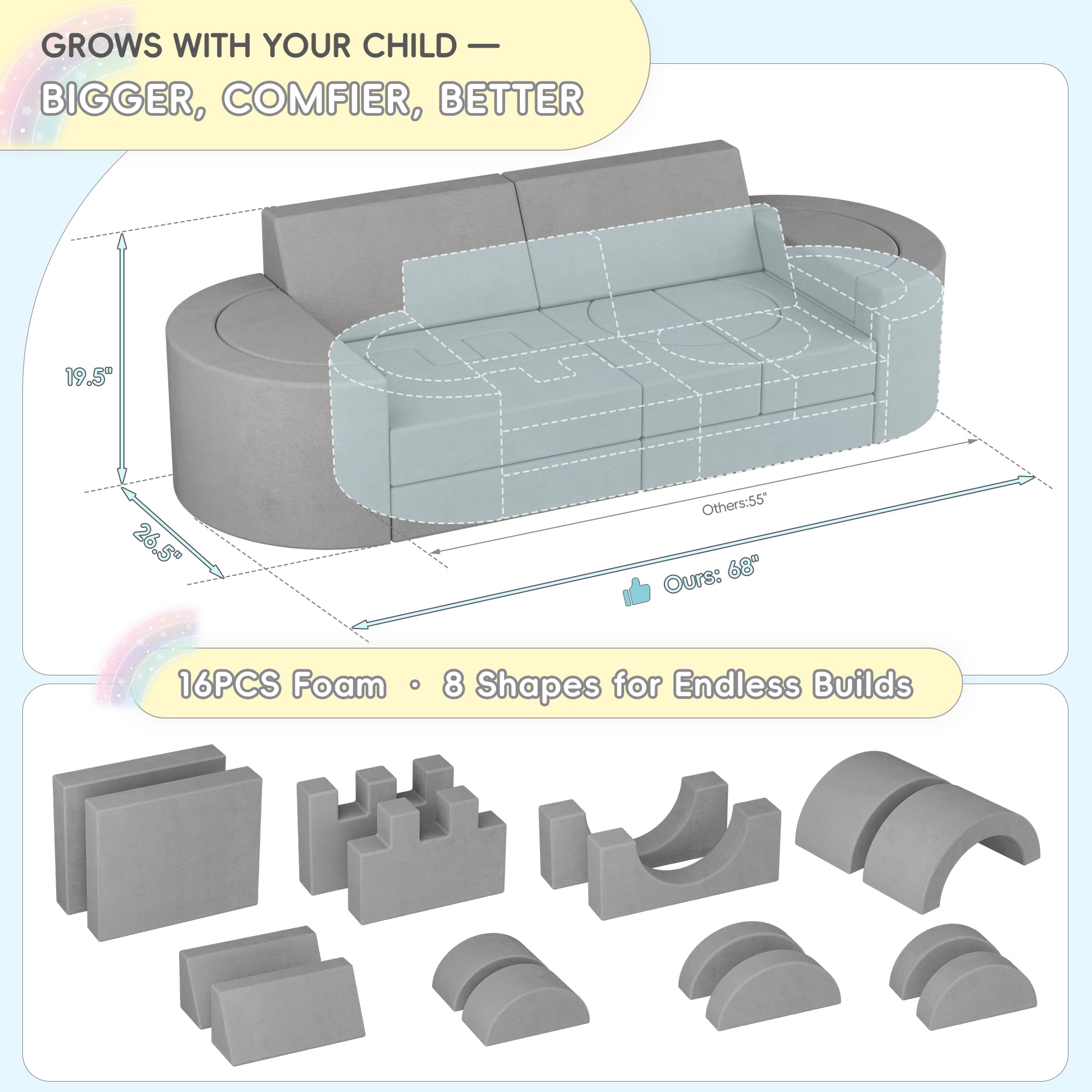 Betterhood 16pcs Modular Kids Play Couch, Large Toddler Play Sofa for Fun Play Time or Comfy Lounging, 1000+DIY Creativing Playroom Furniture, Foam Couch for Boys & Girls