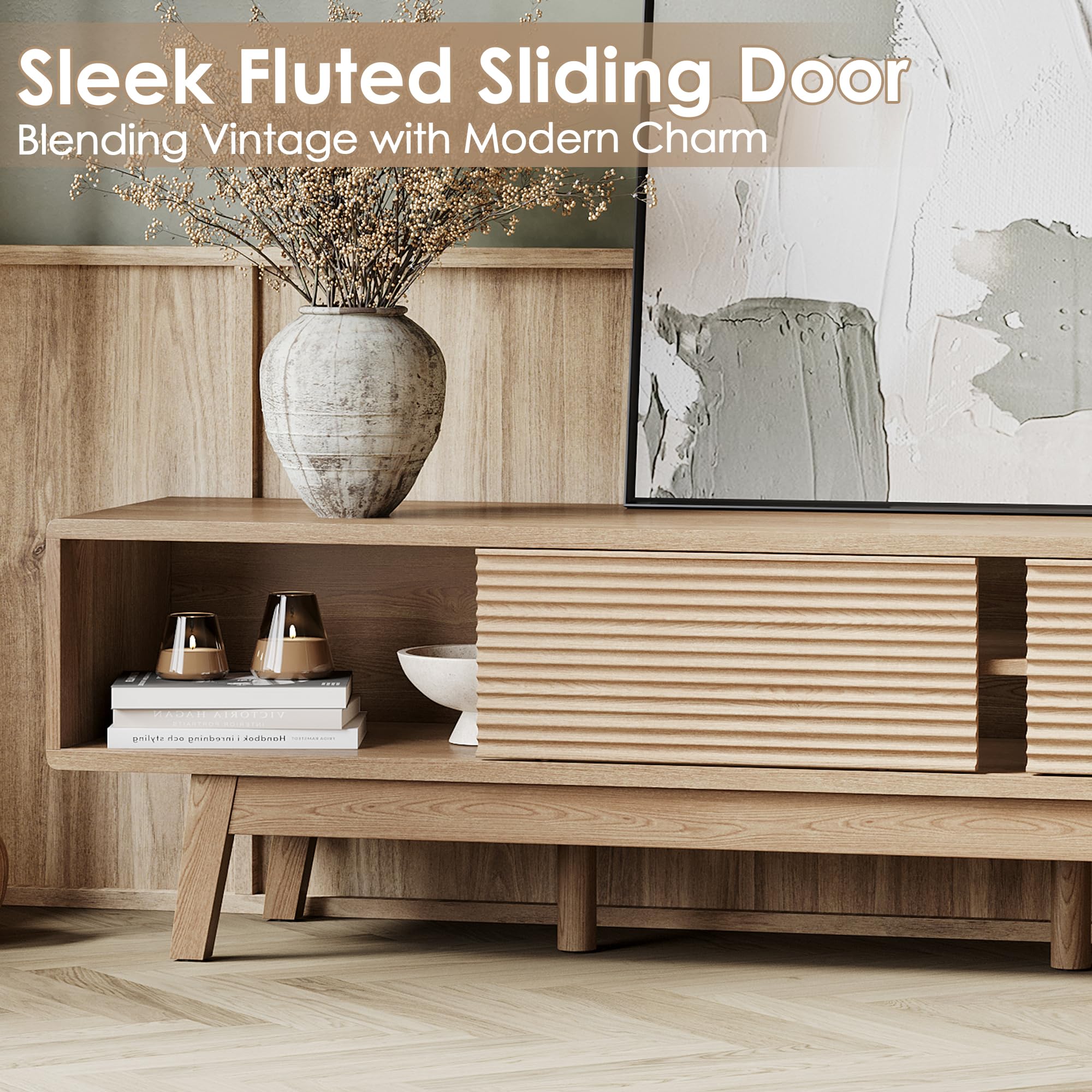 TOLEAD 59" TV Console, Mid Century Modern Media Console for 55/60/65 Inch TV, Low Profile TV Stand with Fluted Sliding Doors, Boho Light Wood Credenza for Living Room, Oak
