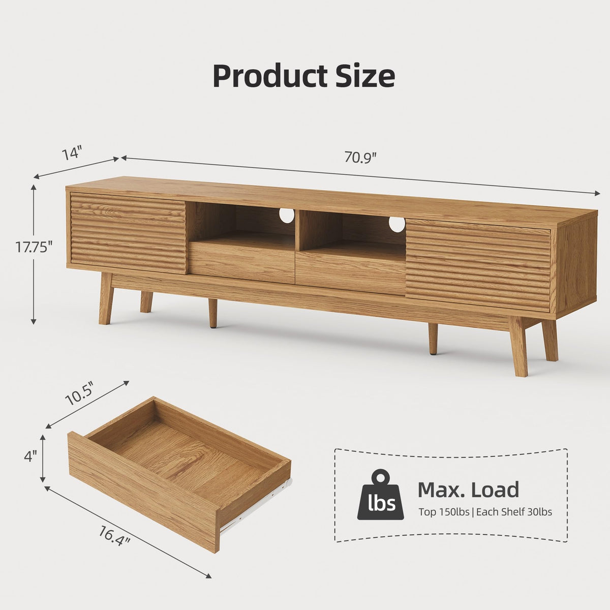 Xilingol 70" TV Stand for TVs 80", Mid Century Modern TV Console, Oak