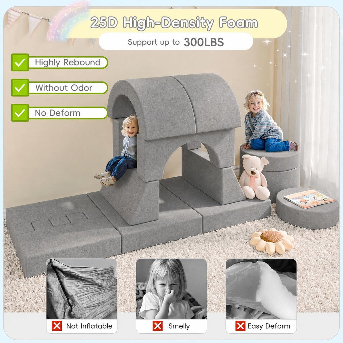 Betterhood 16 Pcs Modular Kids Play Couch, 68" Convertible Foam Sofa, Grey