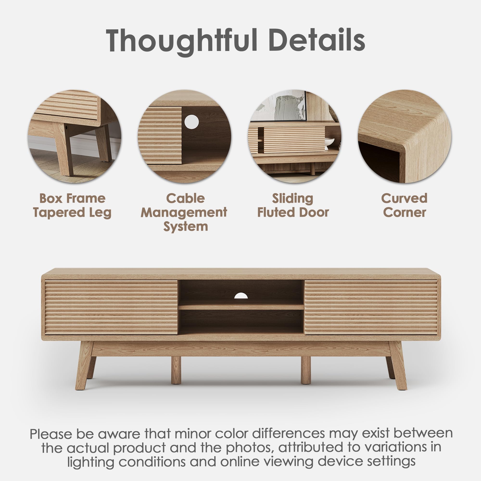 TOLEAD 59" TV Console, Mid Century Modern Media Console for 55/60/65 Inch TV, Low Profile TV Stand with Fluted Sliding Doors, Boho Light Wood Credenza for Living Room, Oak