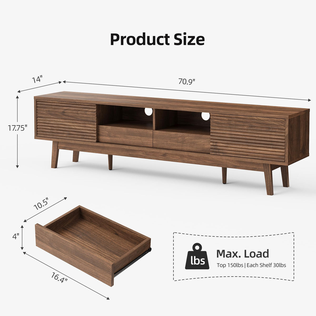 Xilingol 70" TV Stand for TVs 80", Mid Century Modern TV Console, Walnut