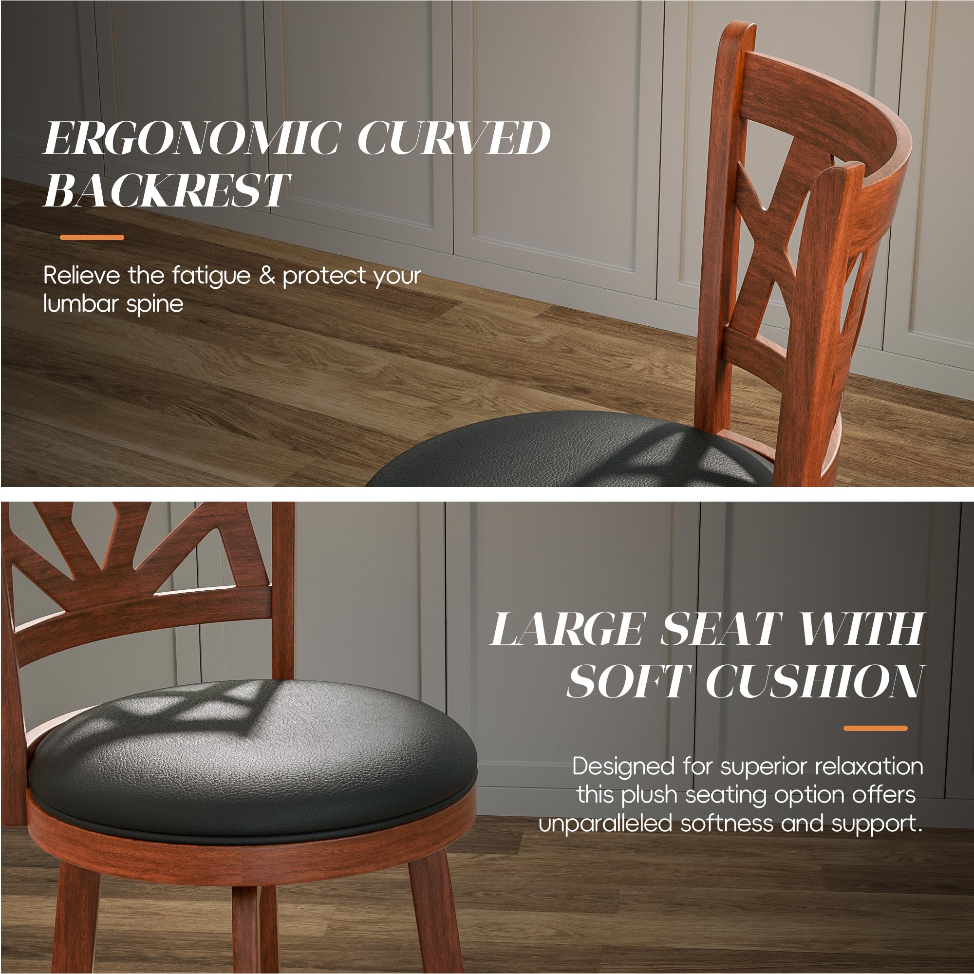 Betterhood Swivel Bar Stools - 29" Bar Height Swivel Barstools with Upholstered Seat & Solid Wood Footrest, Counter Bar Chairs for Kitchen Island & Pub (Brown, Set of 2)