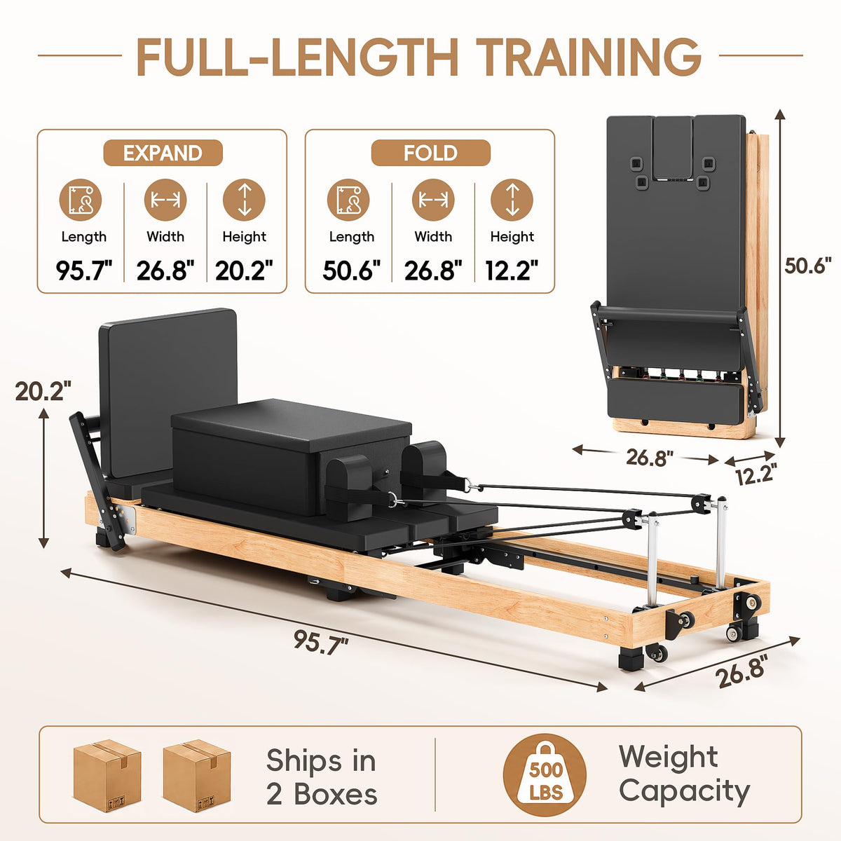 MU Foldable Pilates Reformer Machine for Home, Full-Size Wooden Frame, 5-Spring Resistance, Jumpboard and Box, 500 lb Capacity