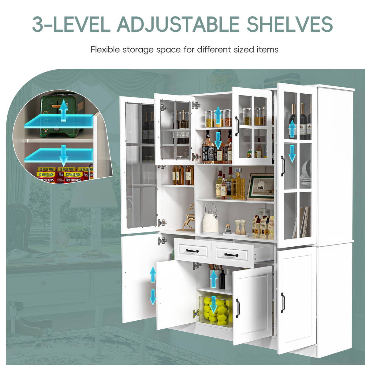 MU Kitchen Storage Cabinet with Glass Doors, Large China Hutch with 2 Drawers & 5 Adjustable Shelves, Kitchen Pantry Hutch for Home Office, Living Room, White (15.8" D x 63" W x 70.9H)