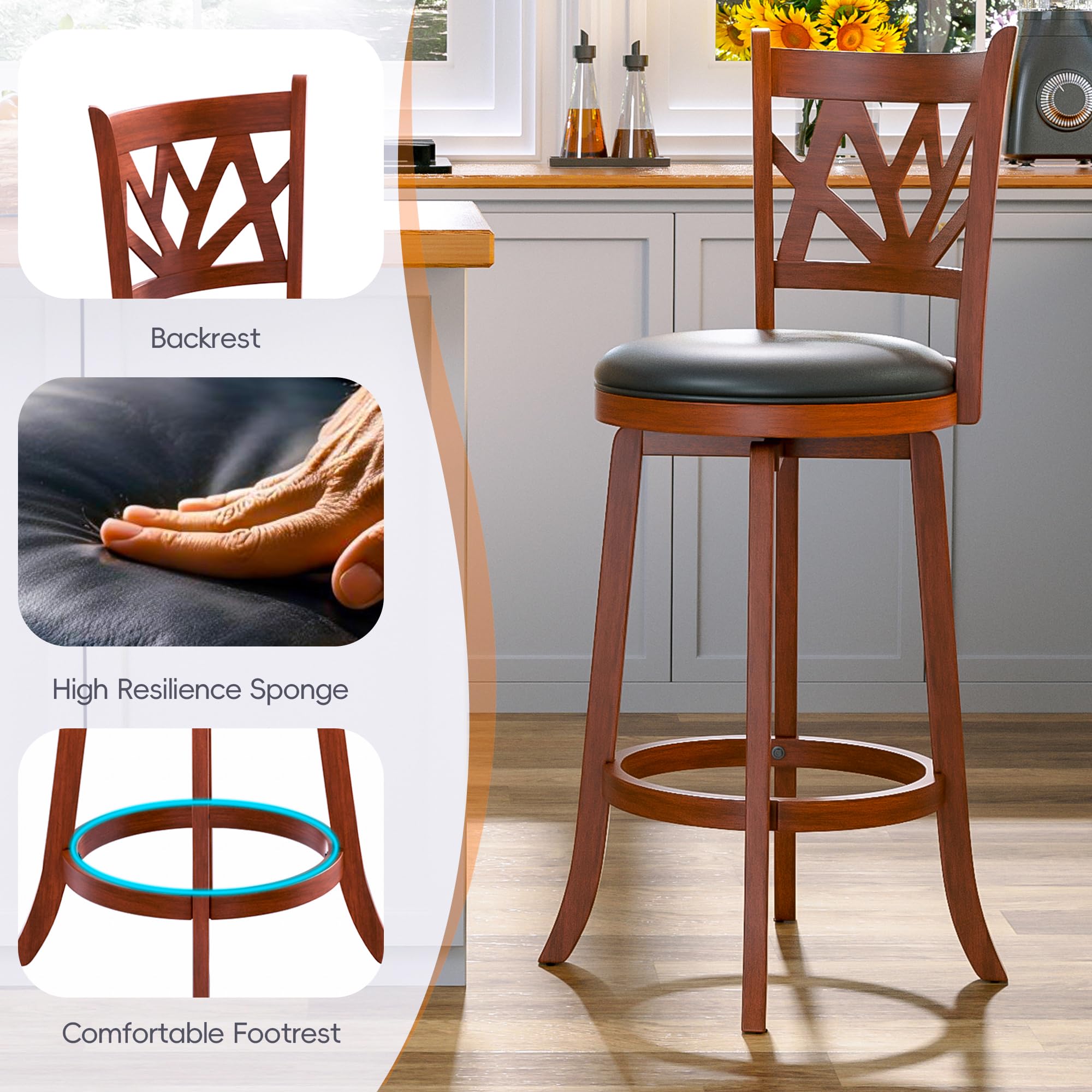 Betterhood Swivel Bar Stools - 29" Bar Height Swivel Barstools with Upholstered Seat & Solid Wood Footrest, Counter Bar Chairs for Kitchen Island & Pub (Brown, Set of 2)