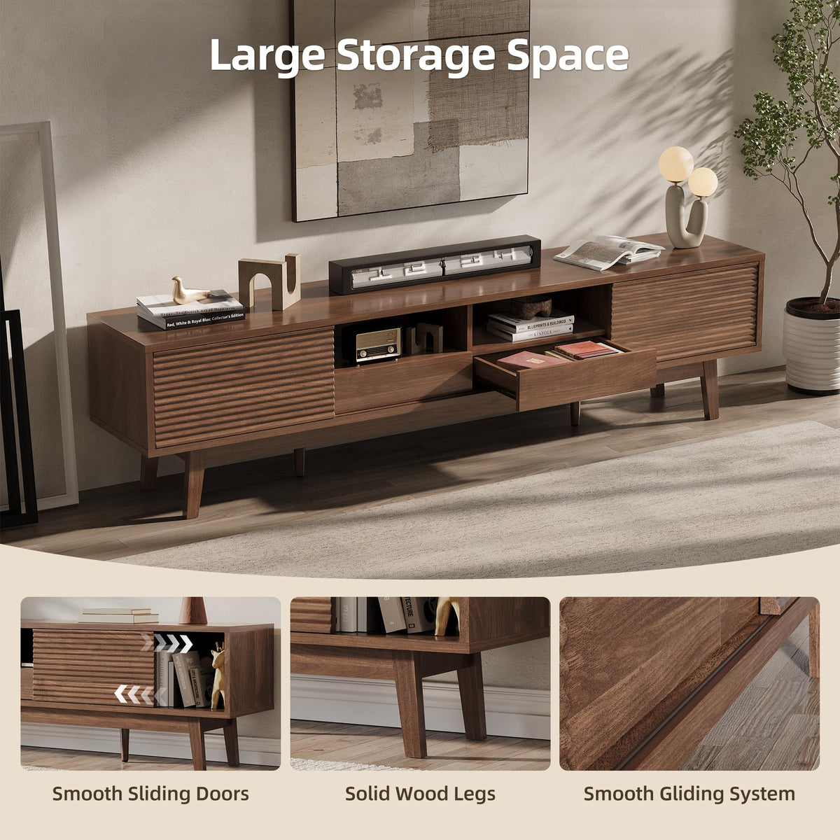 Xilingol 70" TV Stand for TVs 80", Mid Century Modern TV Console, Walnut