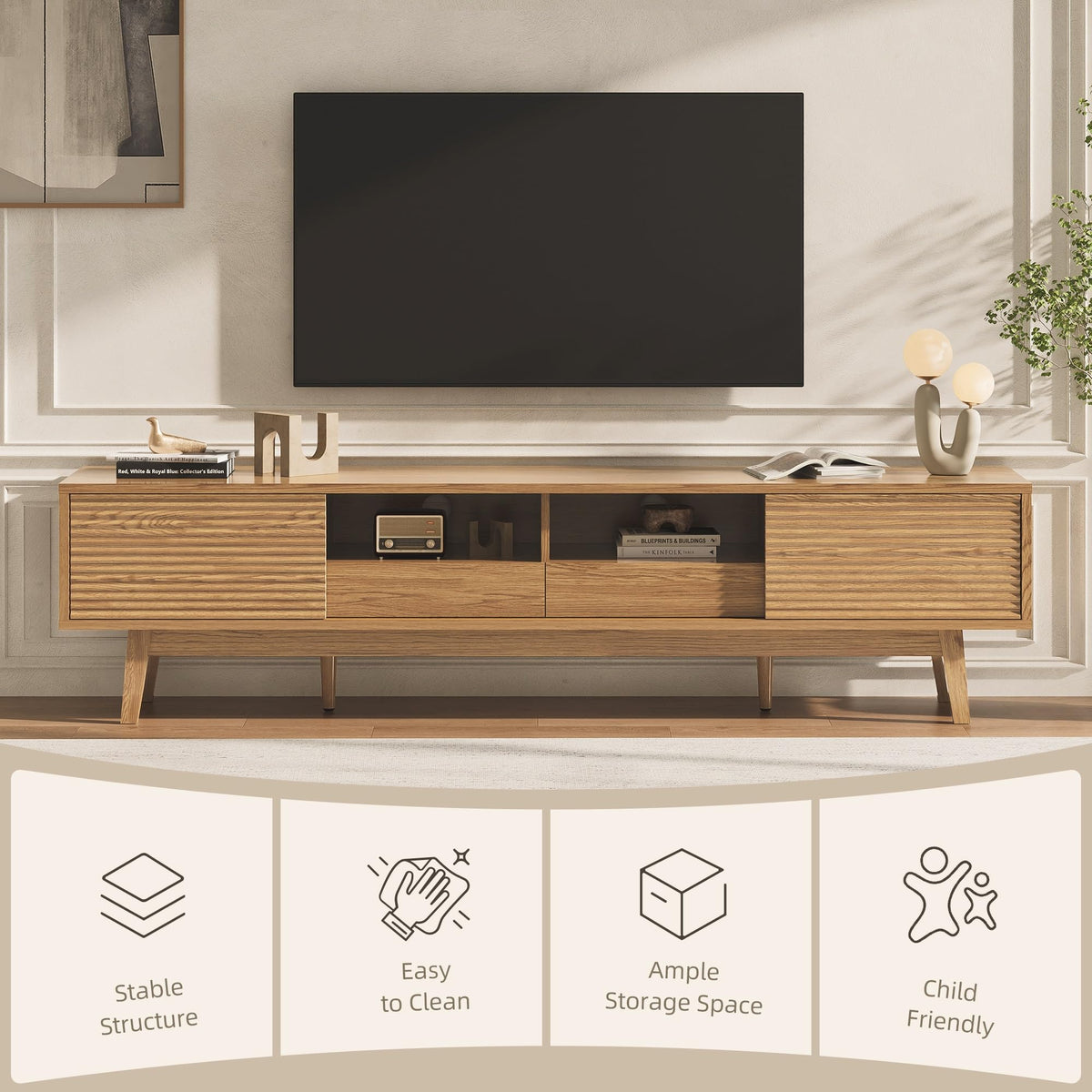 Xilingol 70" TV Stand for TVs 80", Mid Century Modern TV Console, Oak