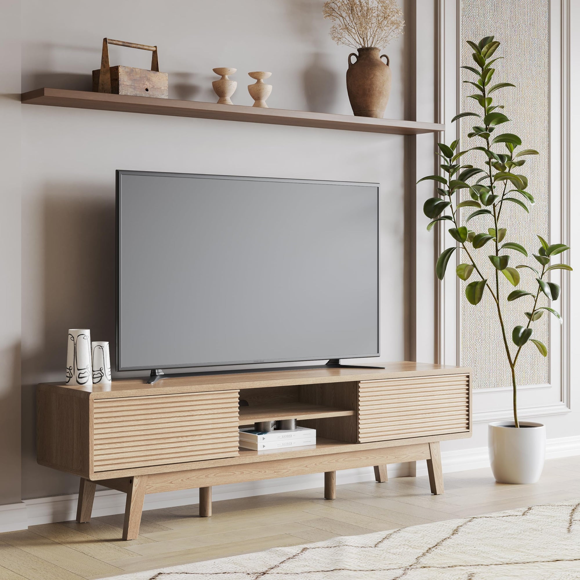 TOLEAD 59" TV Console, Mid Century Modern Media Console for 55/60/65 Inch TV, Low Profile TV Stand with Fluted Sliding Doors, Boho Light Wood Credenza for Living Room, Oak