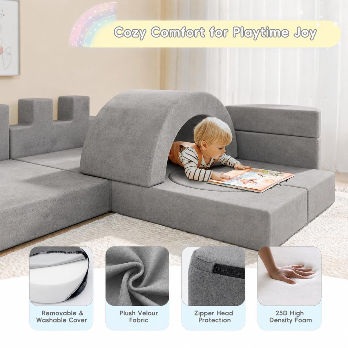 Betterhood 16 Pcs Modular Kids Play Couch, 68" Convertible Foam Sofa, Grey