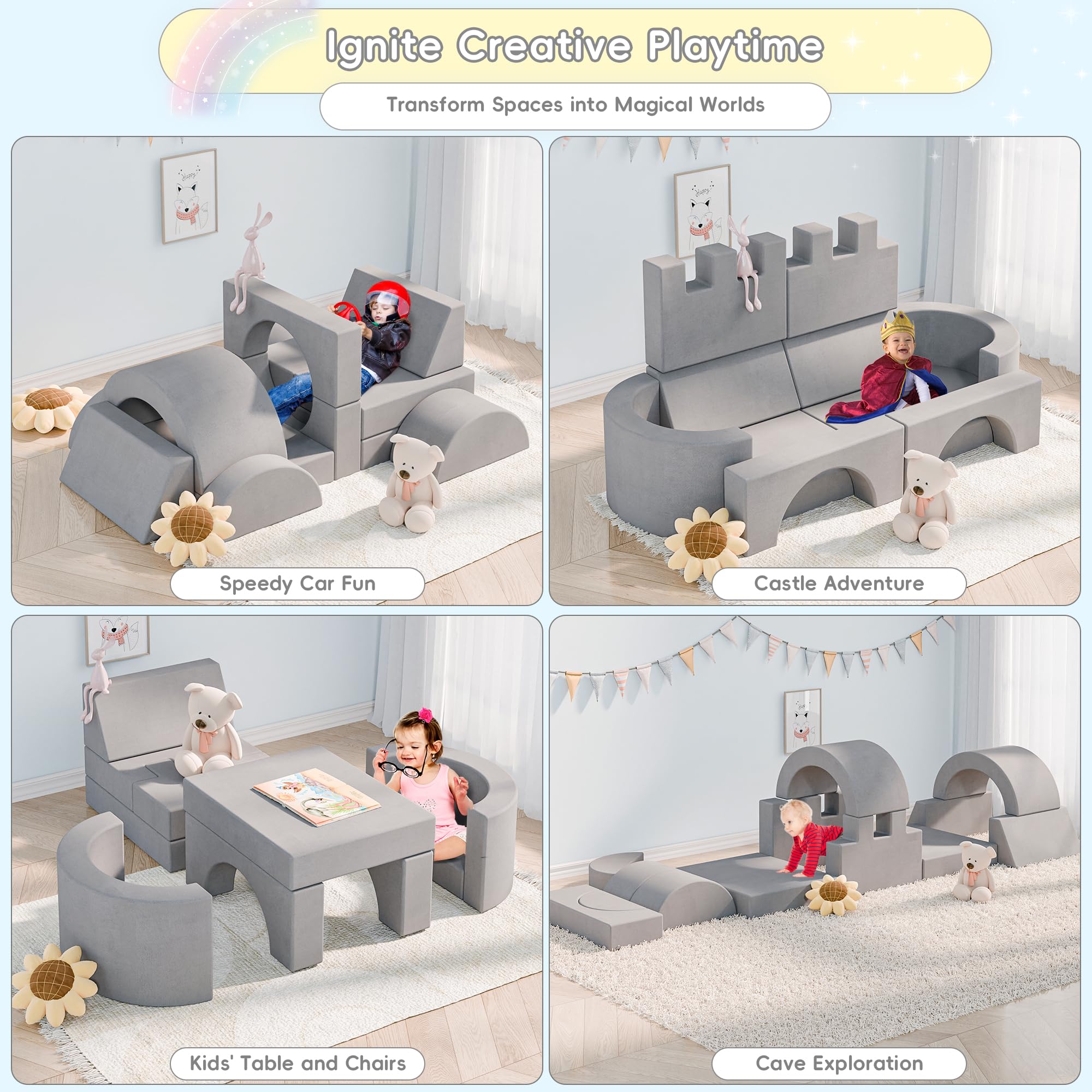 Betterhood 16pcs Modular Kids Play Couch, Large Toddler Play Sofa for Fun Play Time or Comfy Lounging, 1000+DIY Creativing Playroom Furniture, Foam Couch for Boys & Girls