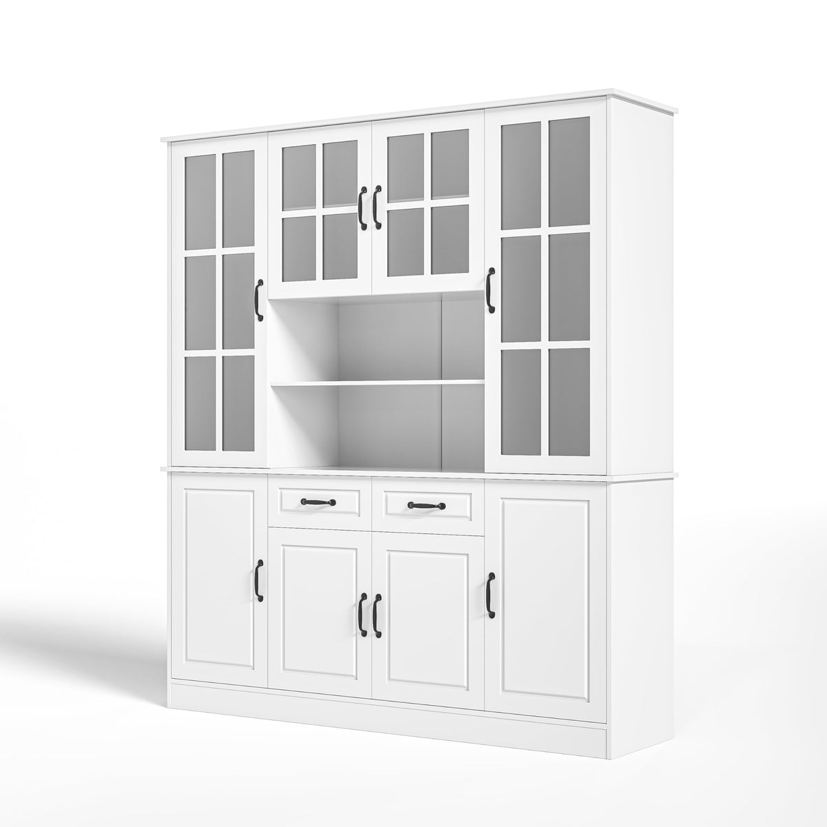 MU Kitchen Storage Cabinet with Glass Doors, Large China Hutch with 2 Drawers & 5 Adjustable Shelves, Kitchen Pantry Hutch for Home Office, Living Room, White (15.8" D x 63" W x 70.9H)