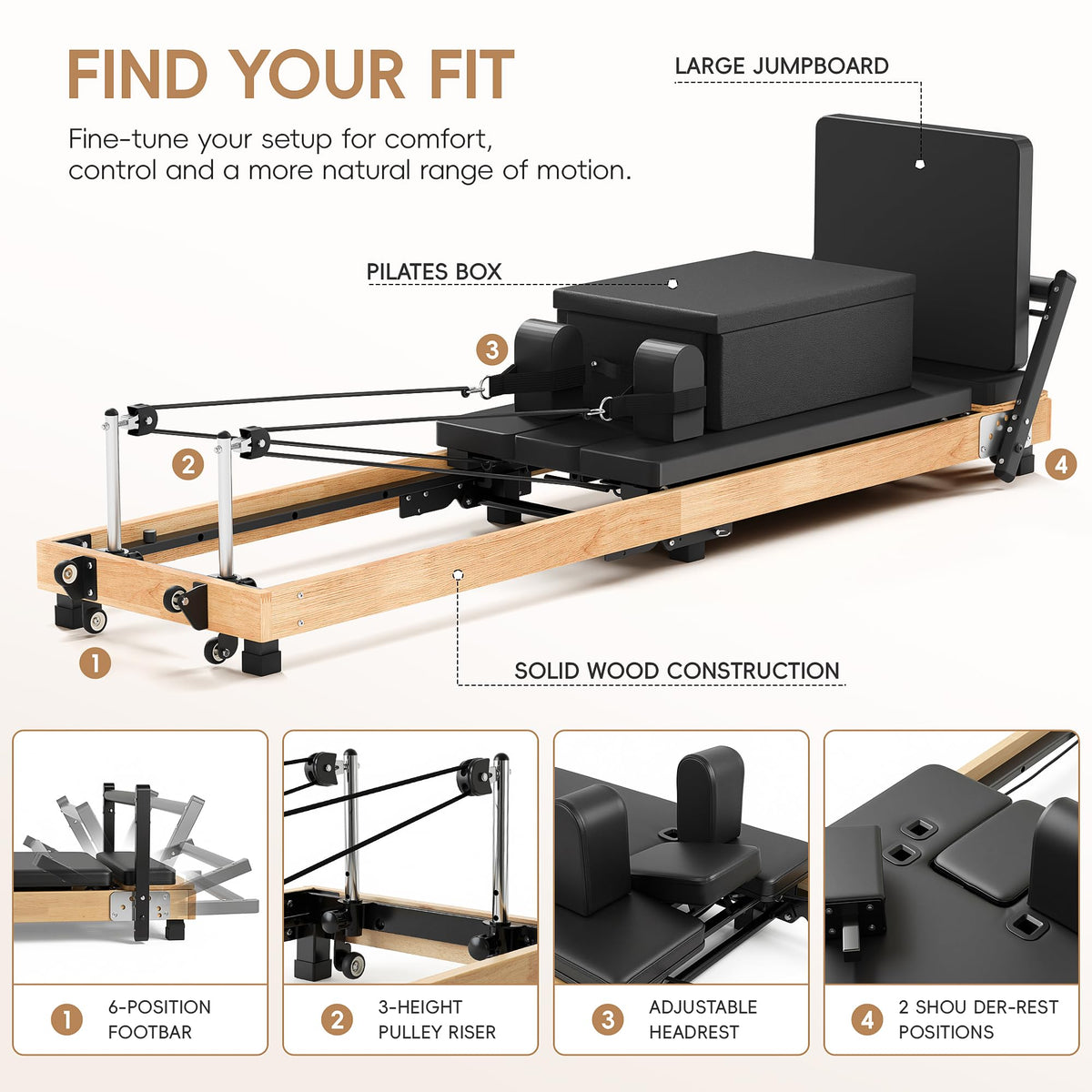 MU Foldable Pilates Reformer Machine for Home, Full-Size Wooden Frame, 5-Spring Resistance, Jumpboard and Box, 500 lb Capacity