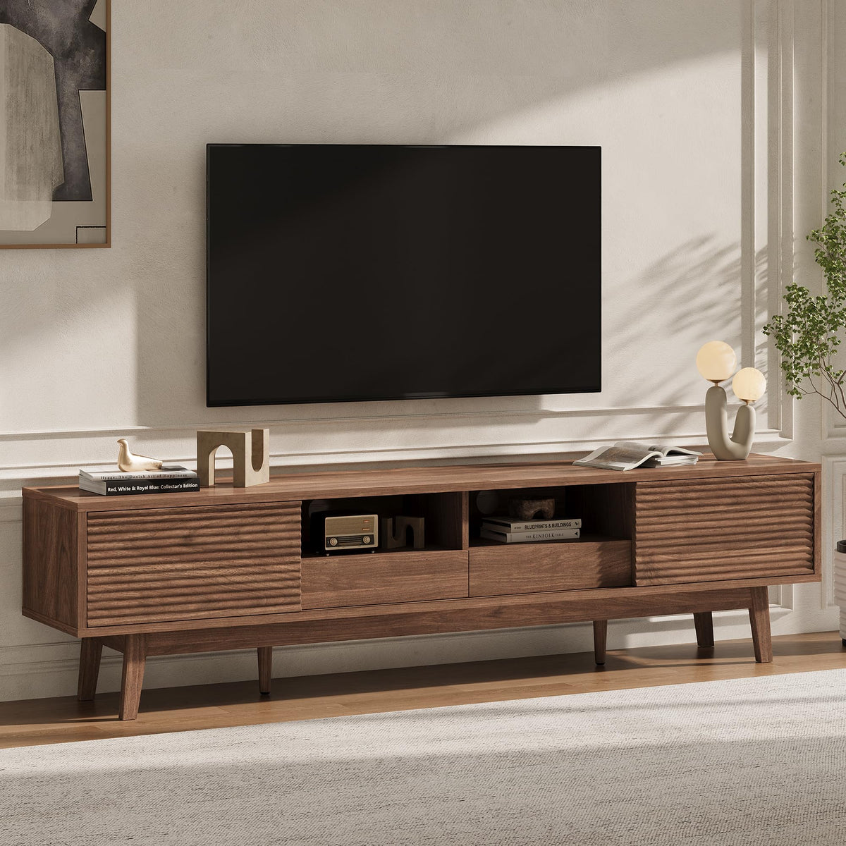 Xilingol 70" TV Stand for TVs 80", Mid Century Modern TV Console, Walnut