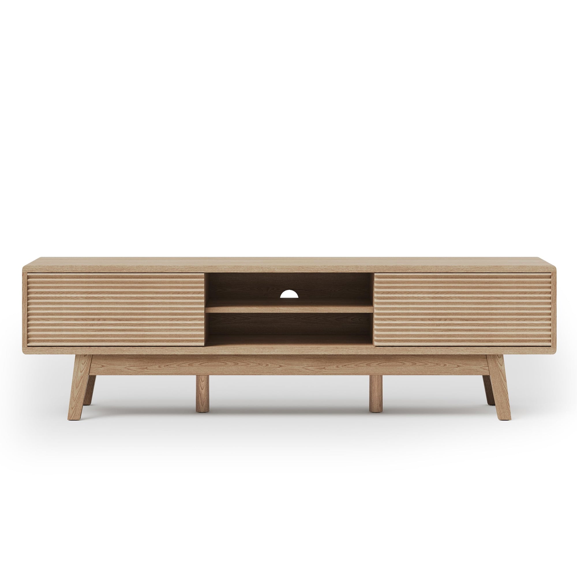 TOLEAD 59" TV Console, Mid Century Modern Media Console for 55/60/65 Inch TV, Low Profile TV Stand with Fluted Sliding Doors, Boho Light Wood Credenza for Living Room, Oak