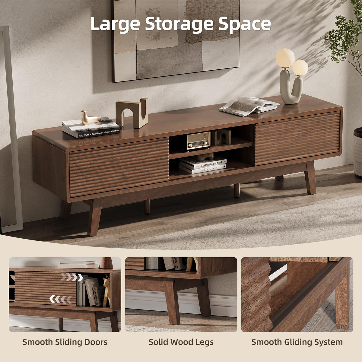 Xilingol 59“ TV Stand for TVs 65”, Mid Century Modern TV Console, Walnut
