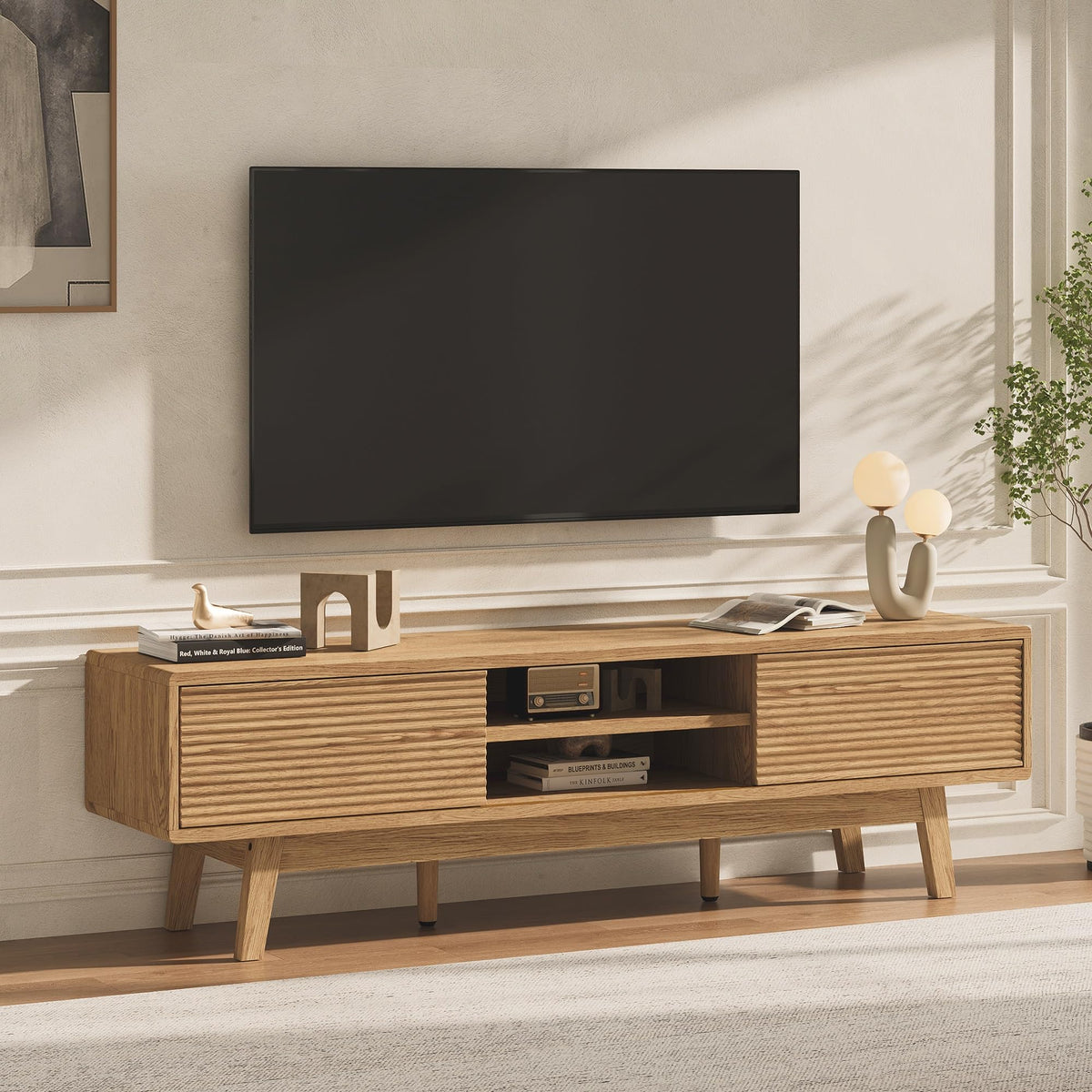 Xilingol 59“ TV Stand for TVs 65”, Mid Century Modern TV Console, Oak