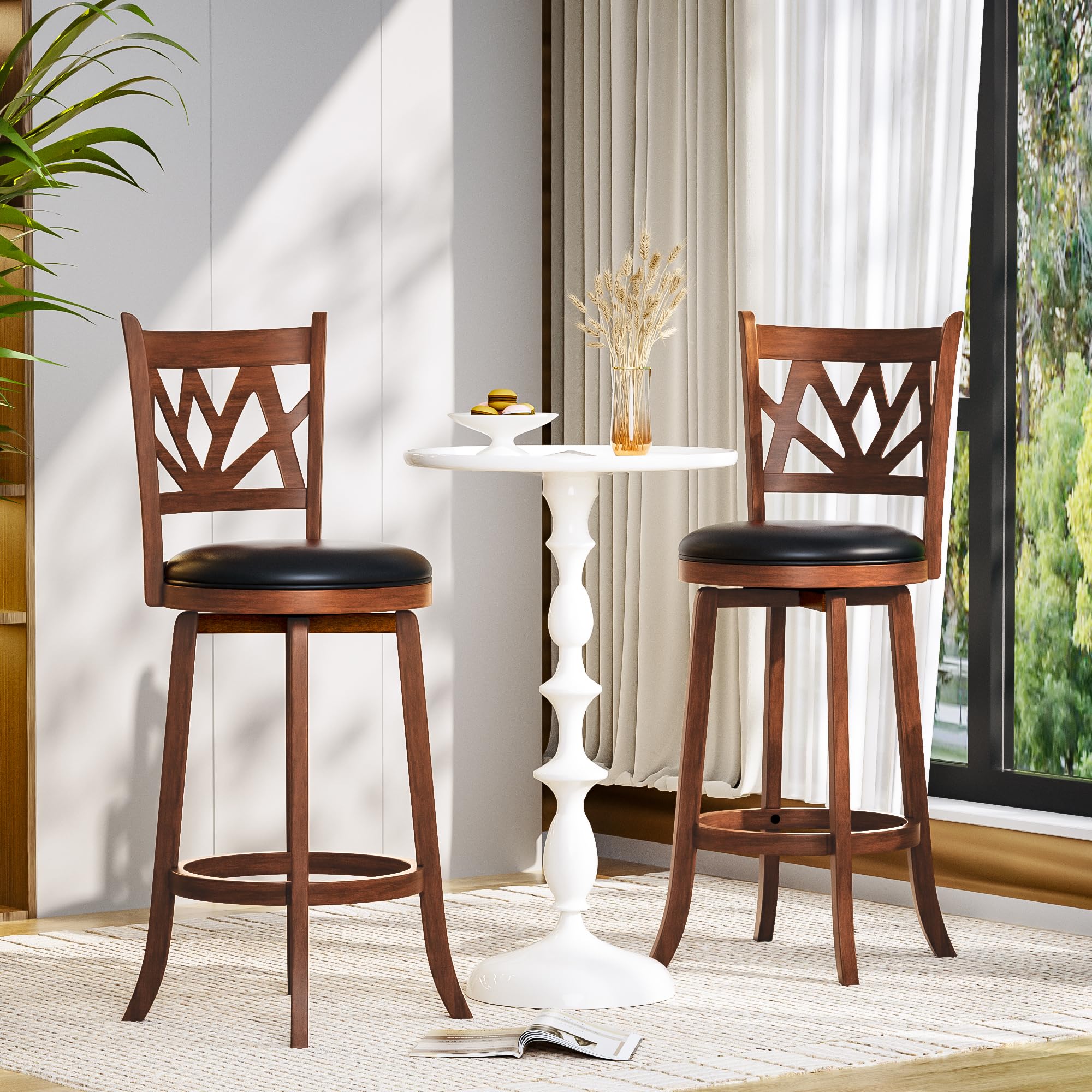 Betterhood Swivel Bar Stools - 29" Bar Height Swivel Barstools with Upholstered Seat & Solid Wood Footrest, Counter Bar Chairs for Kitchen Island & Pub (Brown, Set of 2)