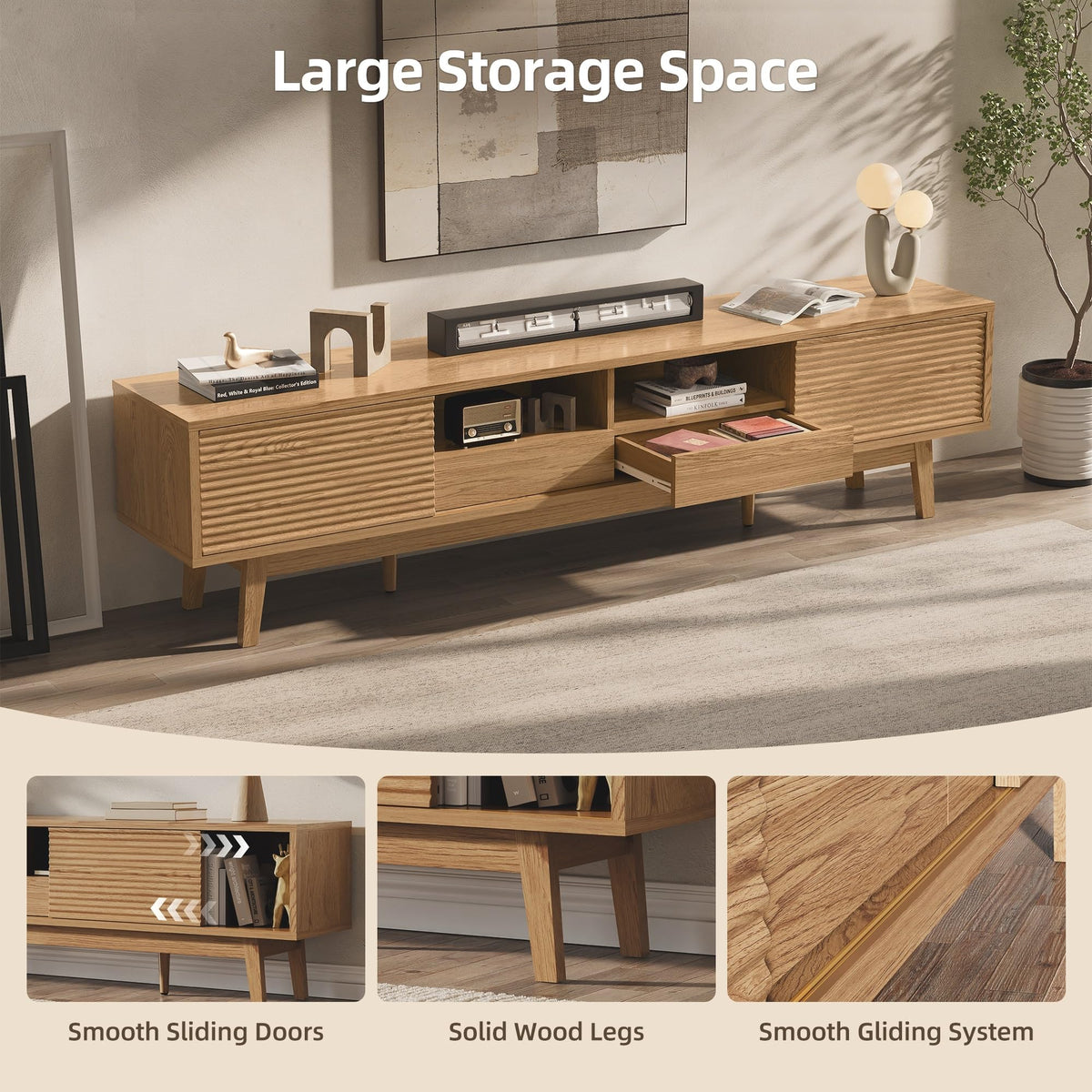 Xilingol 70" TV Stand for TVs 80", Mid Century Modern TV Console, Oak