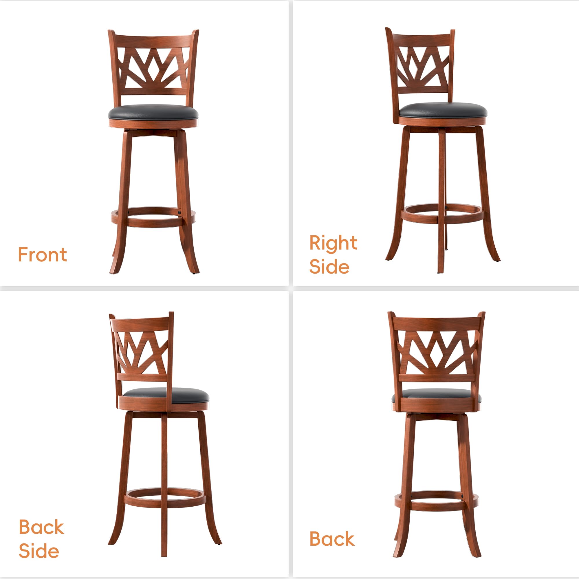 Betterhood Swivel Bar Stools - 29" Bar Height Swivel Barstools with Upholstered Seat & Solid Wood Footrest, Counter Bar Chairs for Kitchen Island & Pub (Brown, Set of 2)